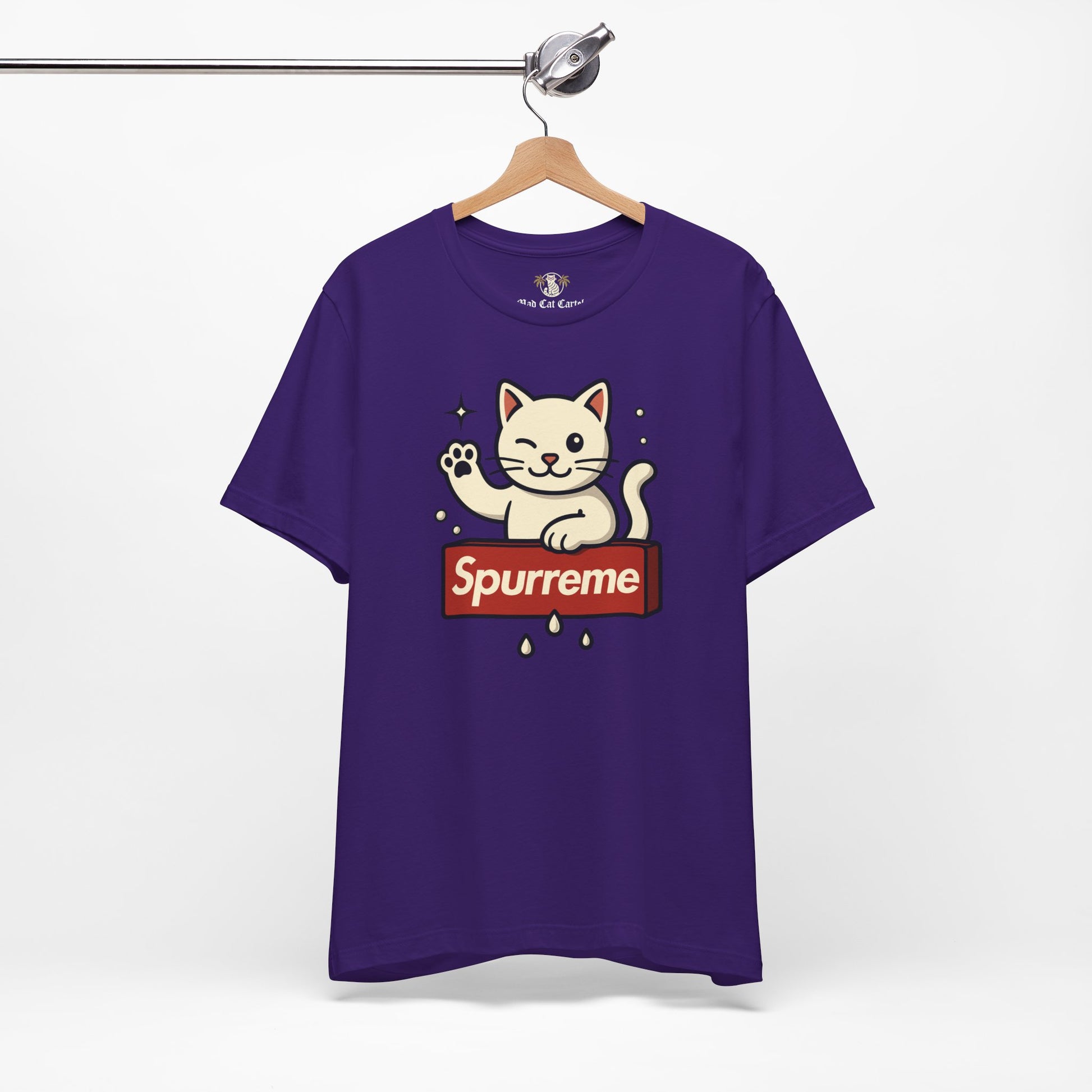 Team purple t shirt hanging on wooden hanger cat lover t shirt