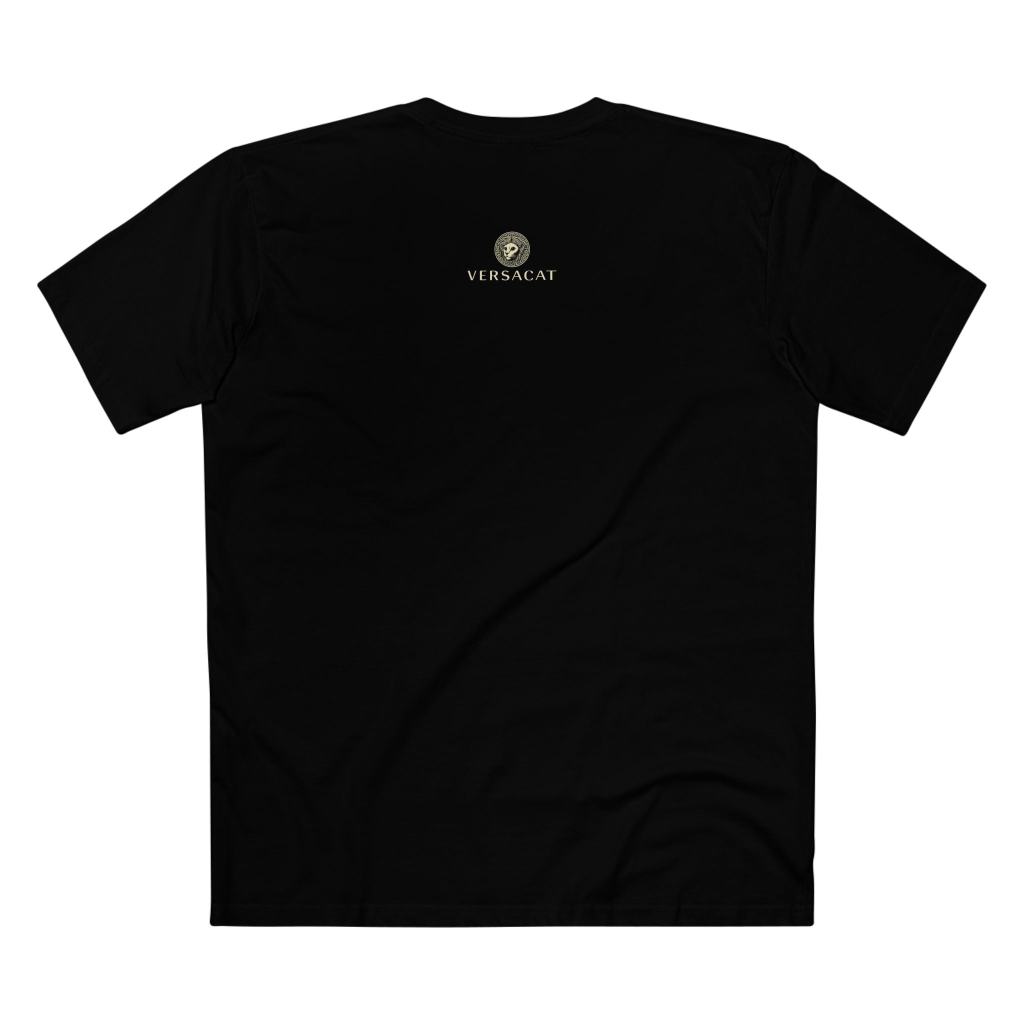 Back view of Versacat Royal Baroque Graphic Cat Black T Shirt – plain black with small Versacat logo