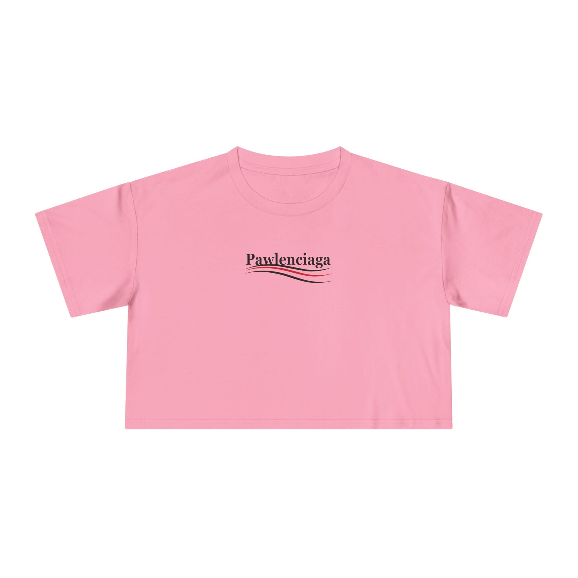 bubblegum pink Pawlenciaga chest logo crop top, front product view, pink crop top for cat lovers