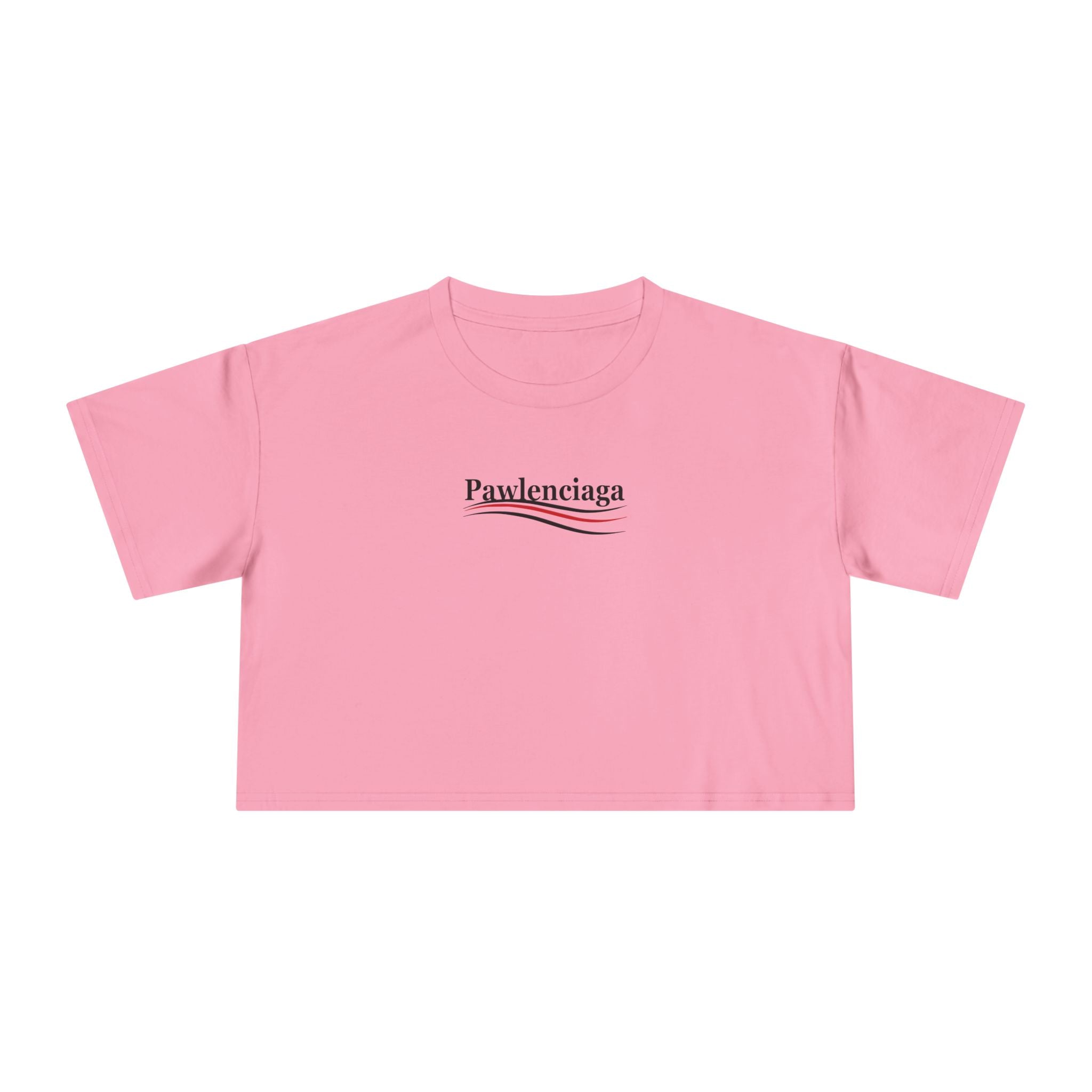bubblegum pink Pawlenciaga chest logo crop top, front product view, pink crop top for cat lovers