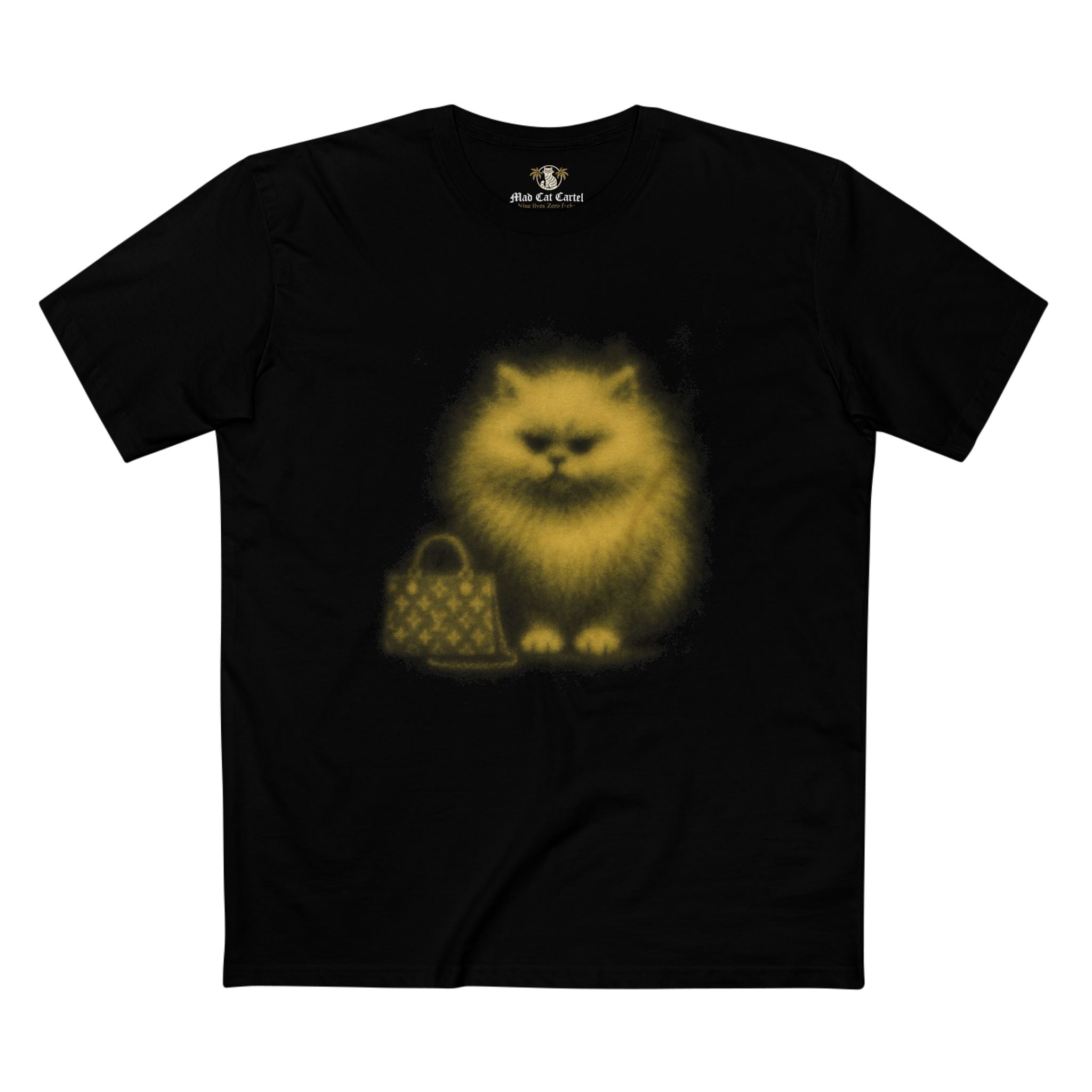Louis Mewtton Yellow Aura Cat Graphic Black T Shirt flat front with glowing cat and luxury bag design