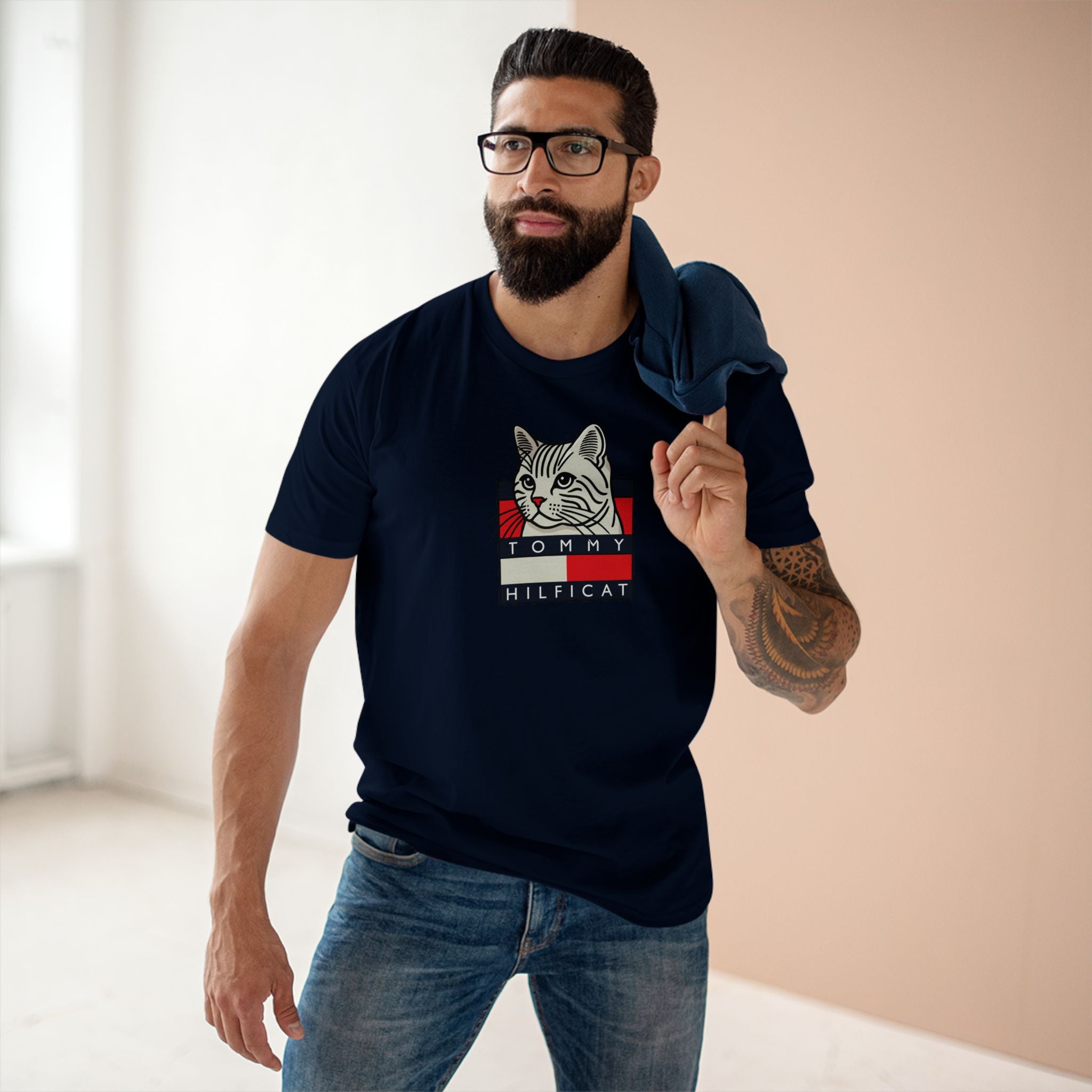 male model wearing Tommy Hilficat Box T Shirt in Navy Blue, unique gifts for cat lovers