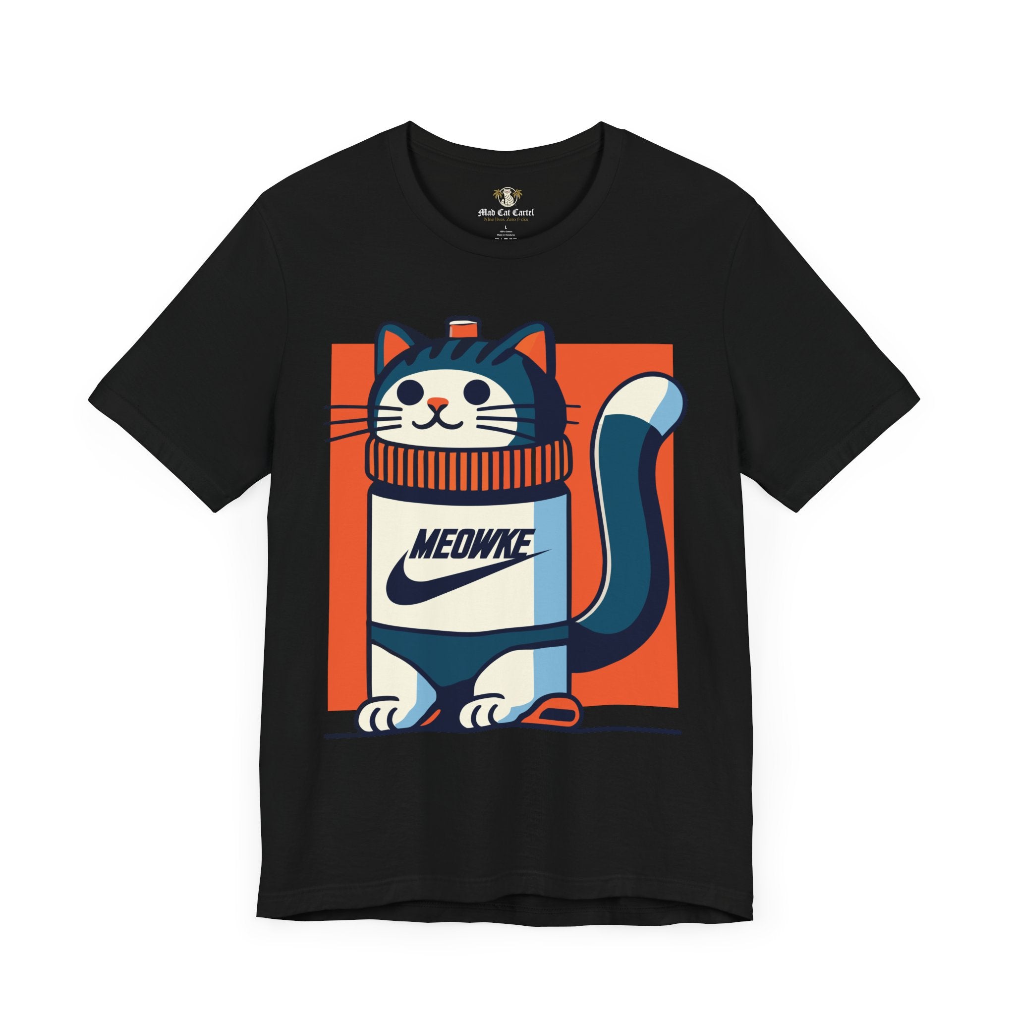 Funny cat t-shirt for men – black unisex tee, front view, Meowke Swoosh cartoon cat holding bottle