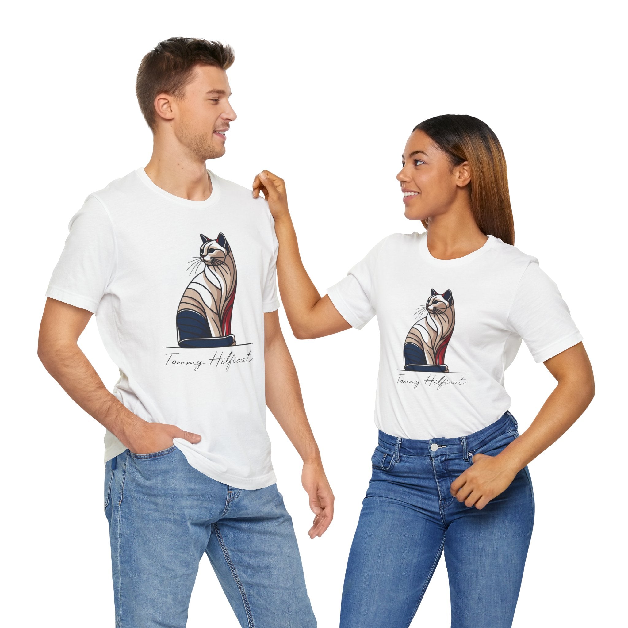 White cat on a shirt male and female models standing
