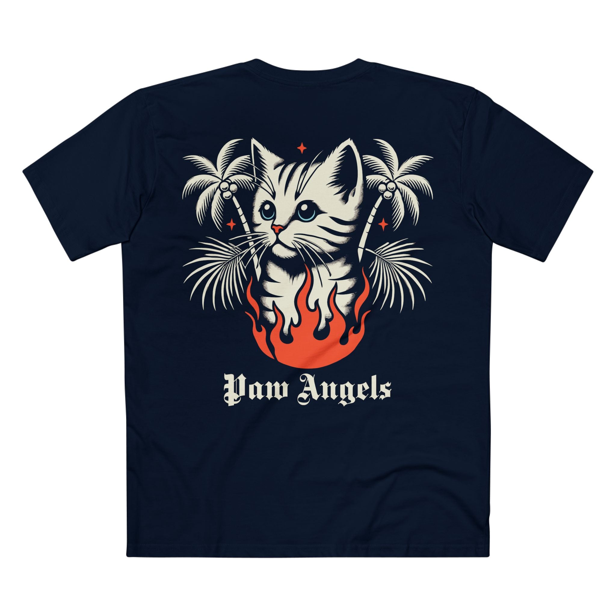Back view of Paw Angels Paradise Inferno cat graphic navy unisex t-shirt – gift ideas for cat owners