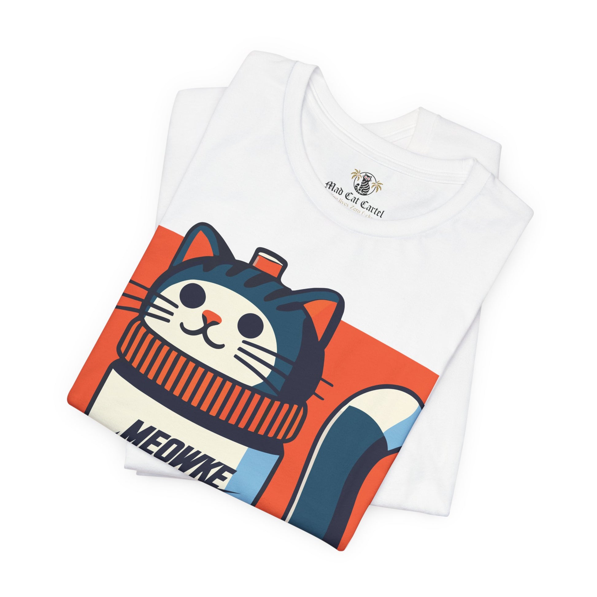 Funny cat shirt for men and women – white unisex tee, folded view, Meowke Swoosh cartoon cat holding bottle
