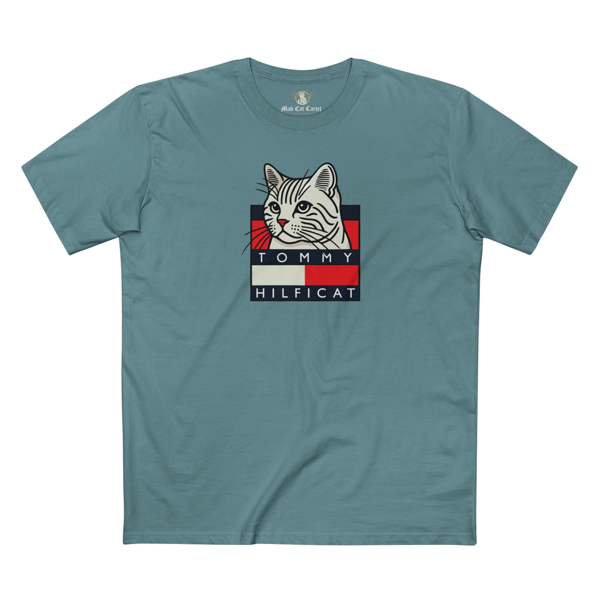 Tommy Hilficat Box Logo Cat Identity T Shirt in Slate Blue, cat themed clothing