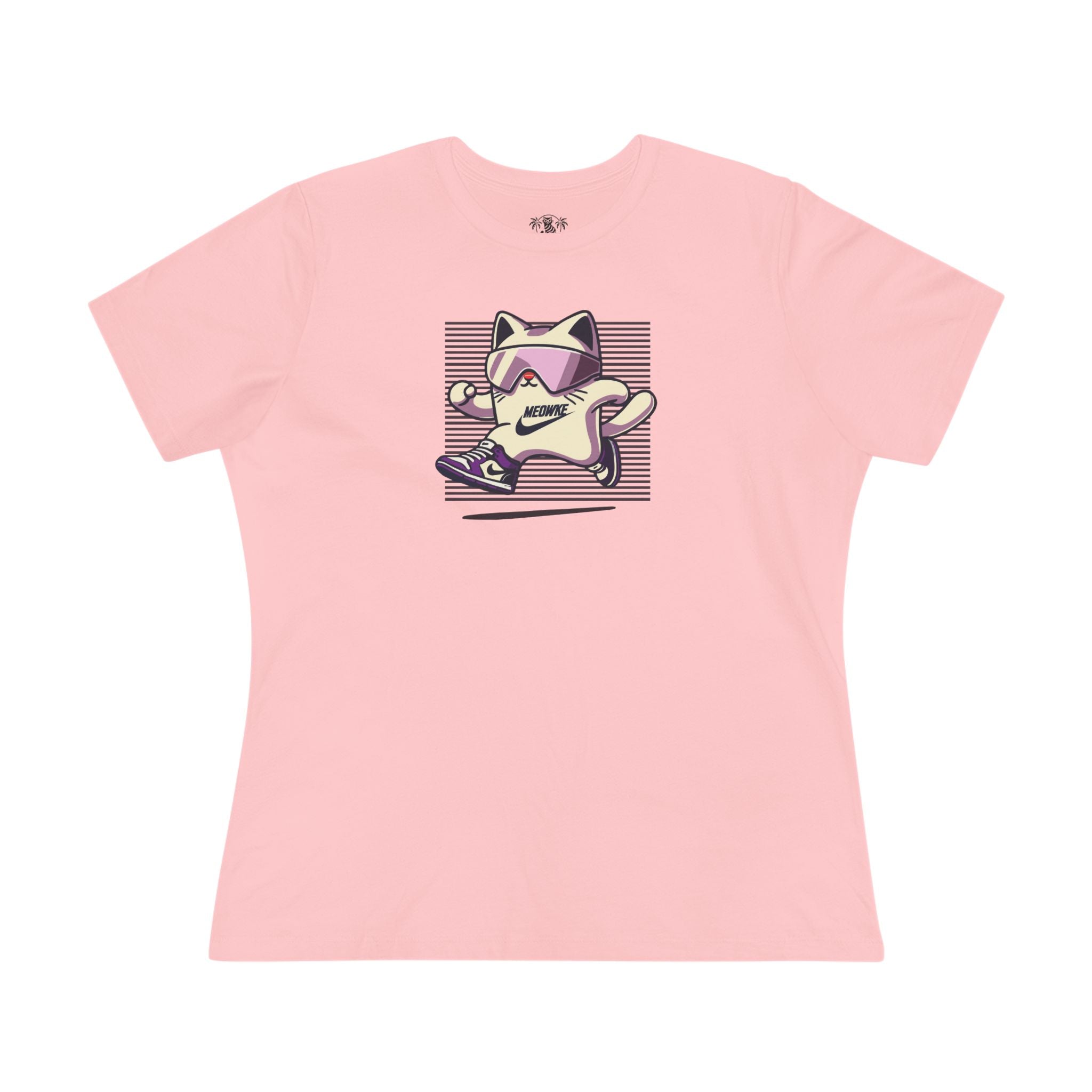 Meowke Cat Runner Graphic Women's T-Shirt in pink, back view