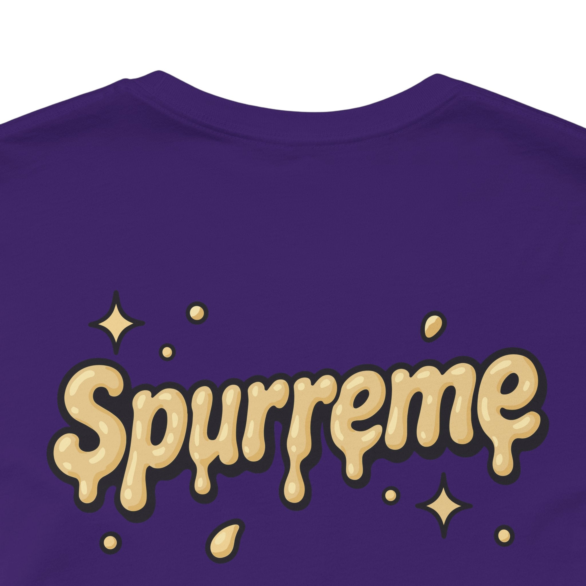 Team purple t shirt close up of back print cool cat shirts