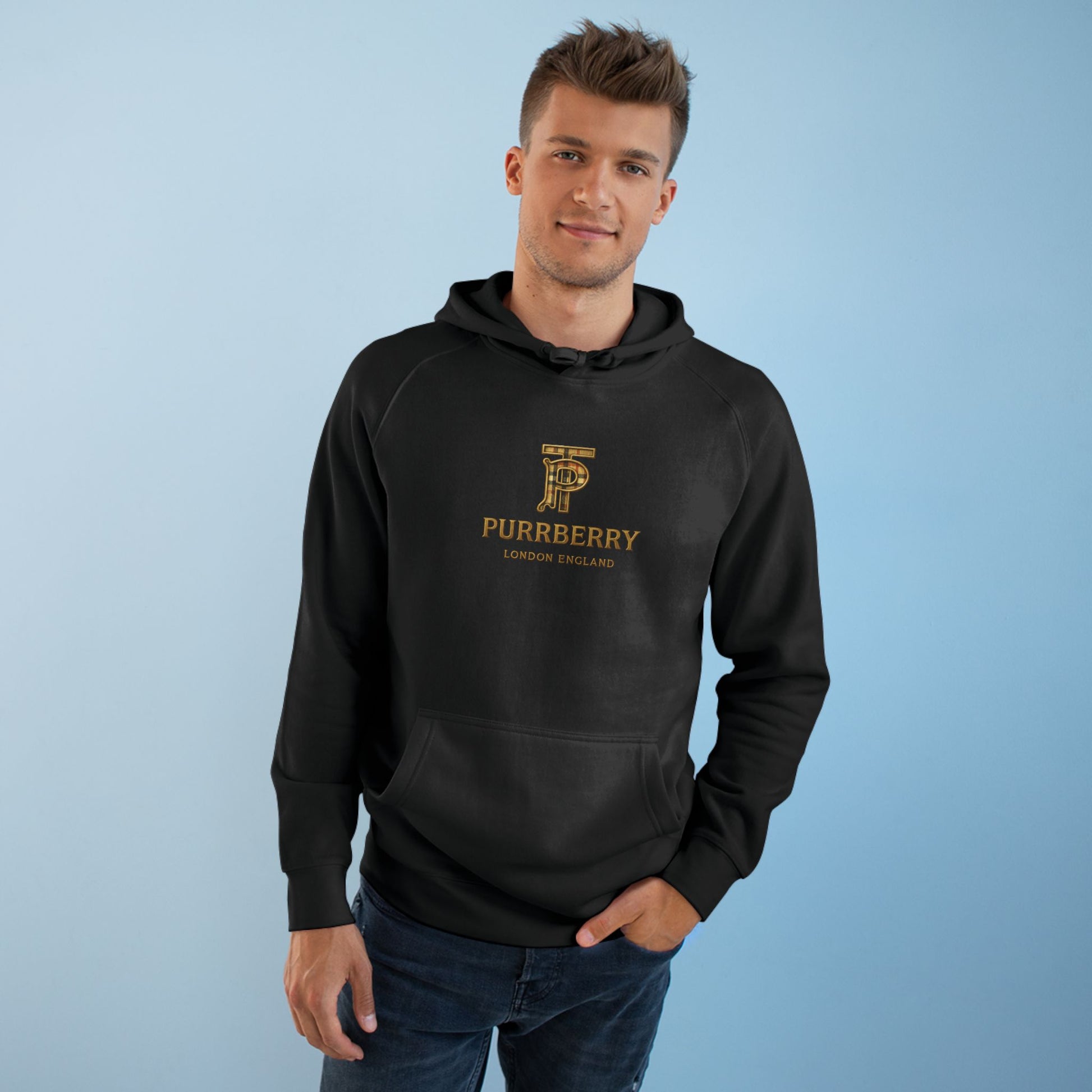 Man posing in Purrberry black chest logo hoodie, stylish mens cat hoodie