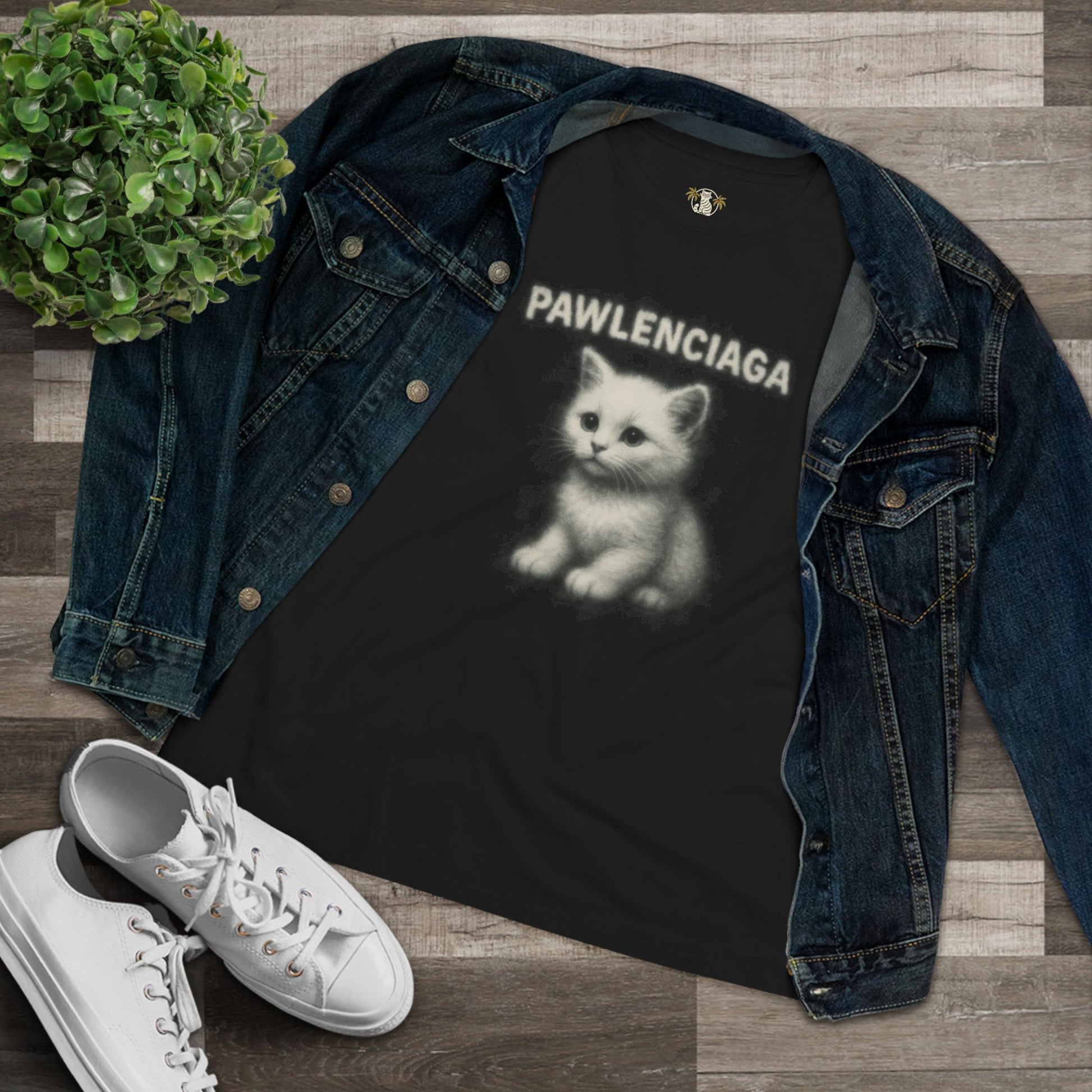 Pawlenciaga aura kitty womens black t shirt, flat lay styled with jacket, tee for cat lovers