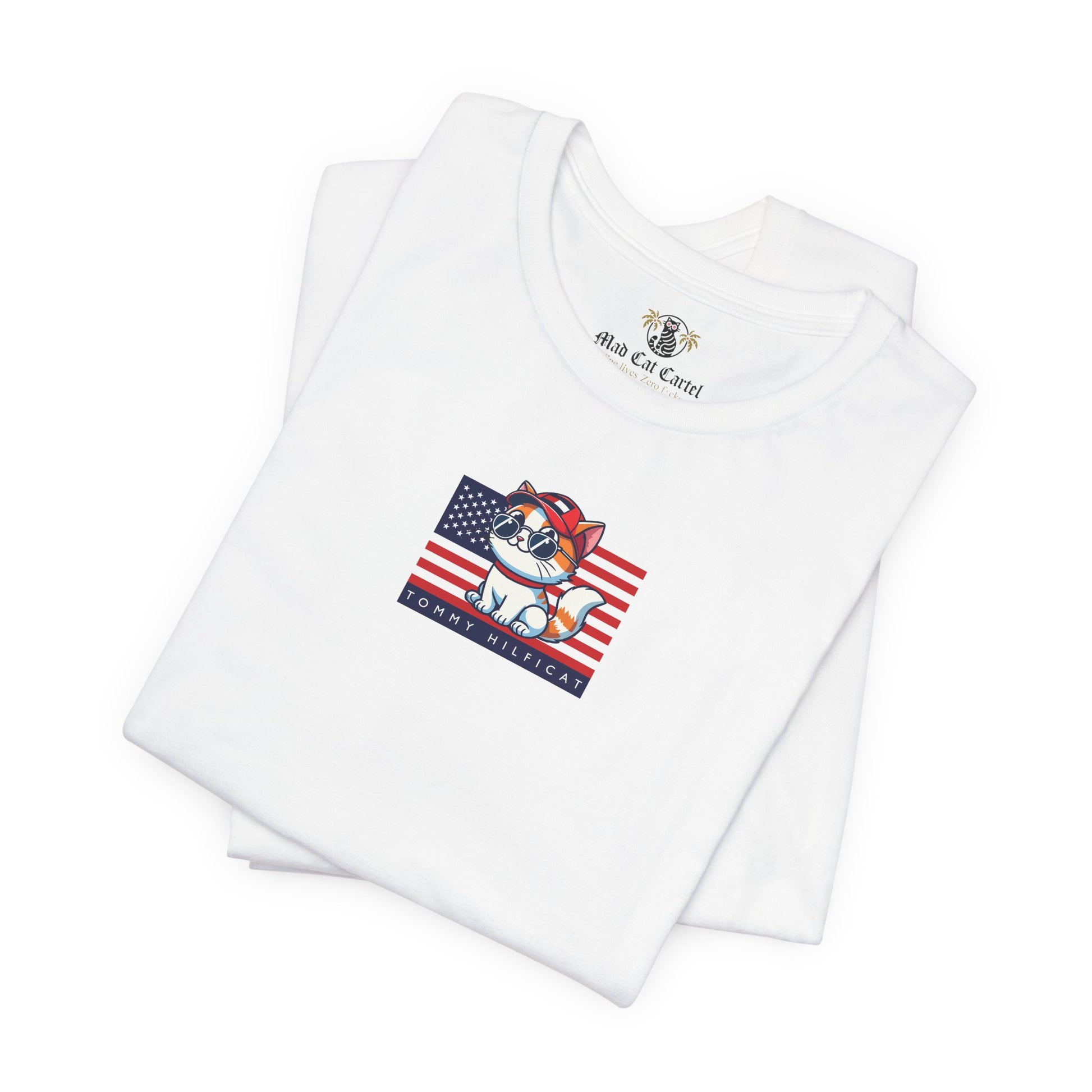 folded White Tommy Hilficat Cat Graphic T Shirt double pack, t shirt cat lover