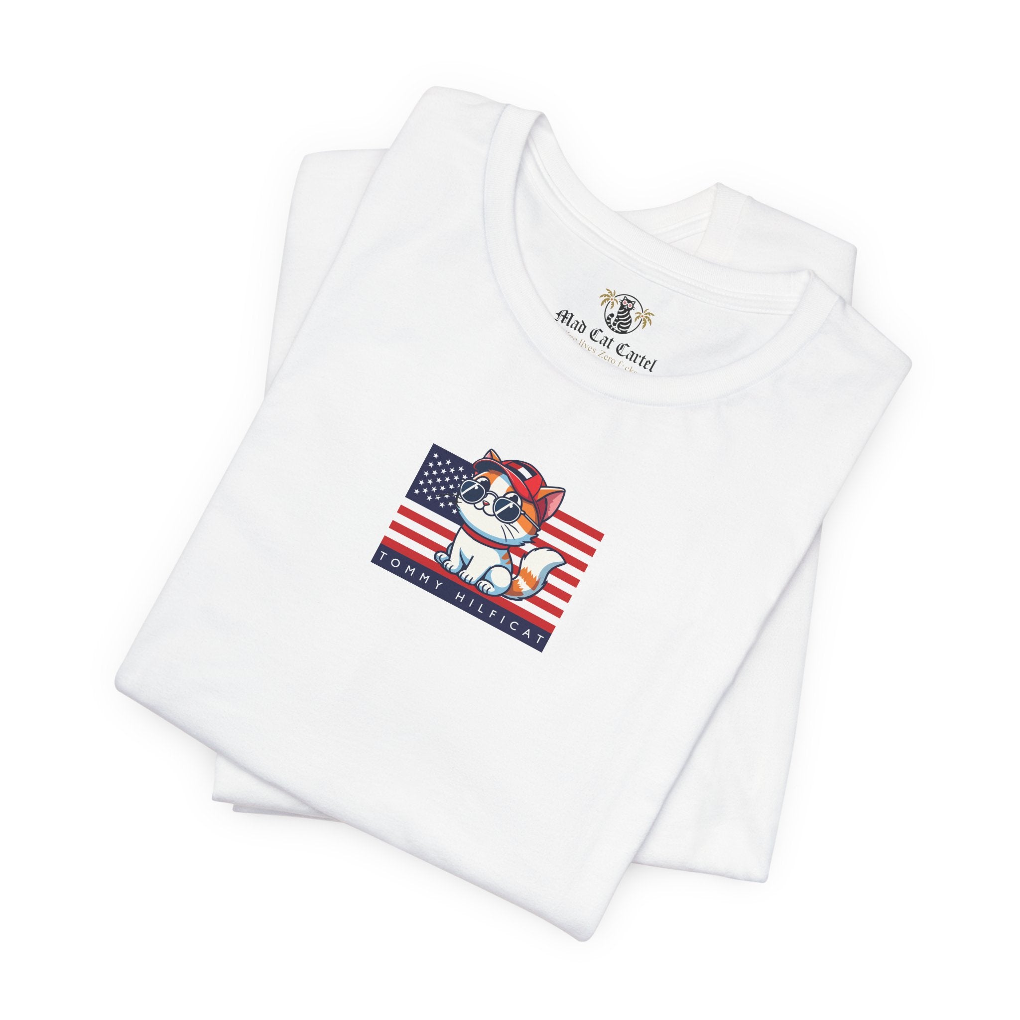 folded White Tommy Hilficat Cat Graphic T Shirt double pack, t shirt cat lover