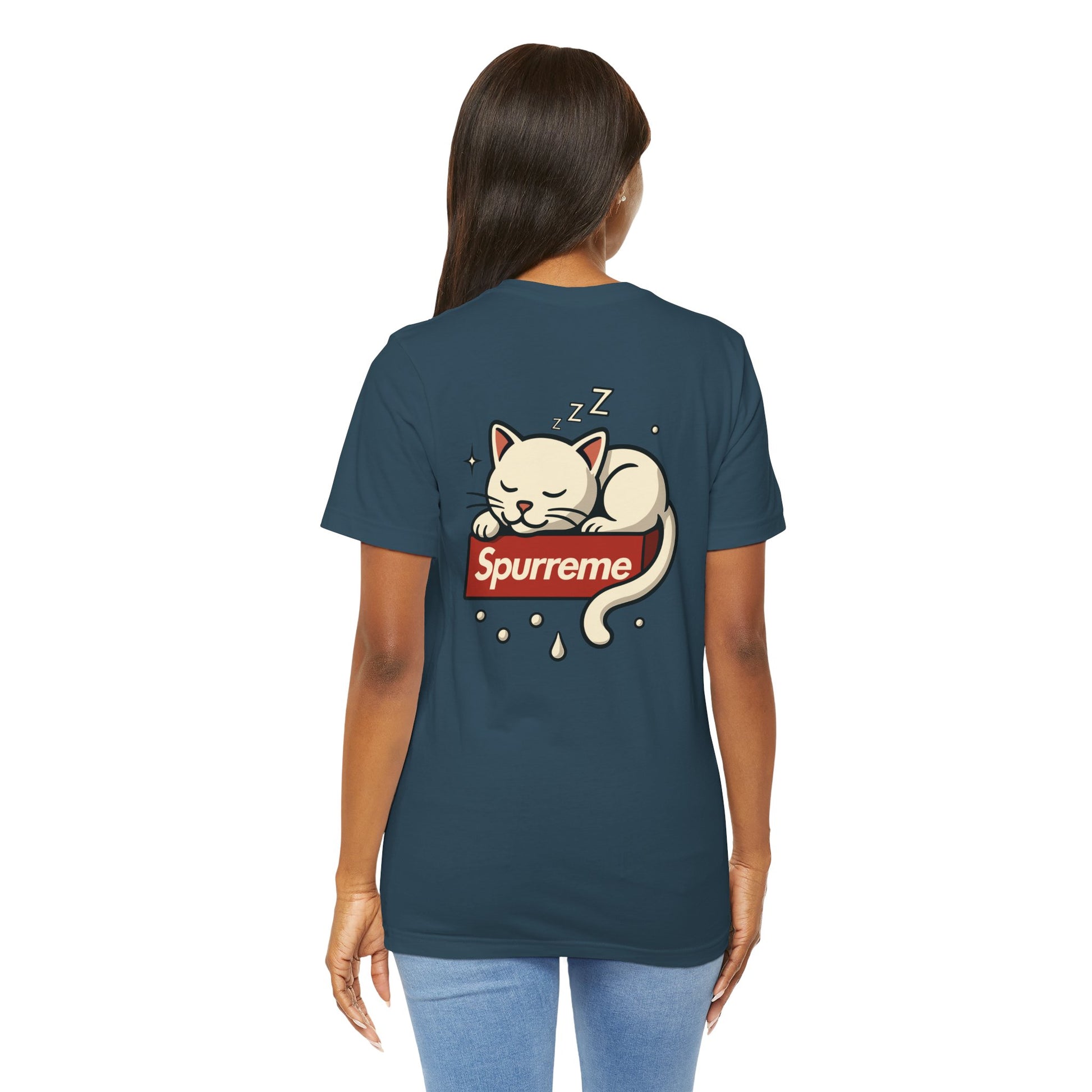 Deep teal t shirt on female model back view cat lover tee