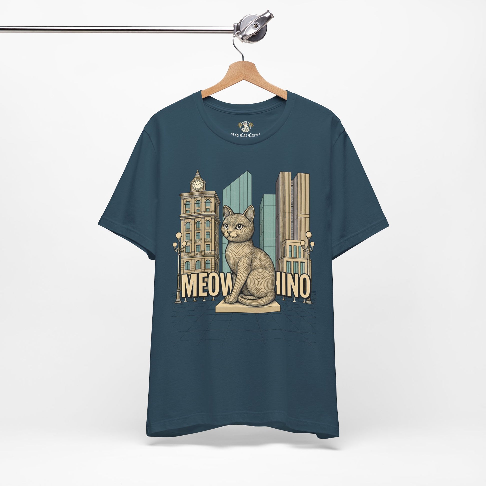 Mens cat shirts – deep teal unisex tee on hanger, front view, Meowschino city cat statue graphic