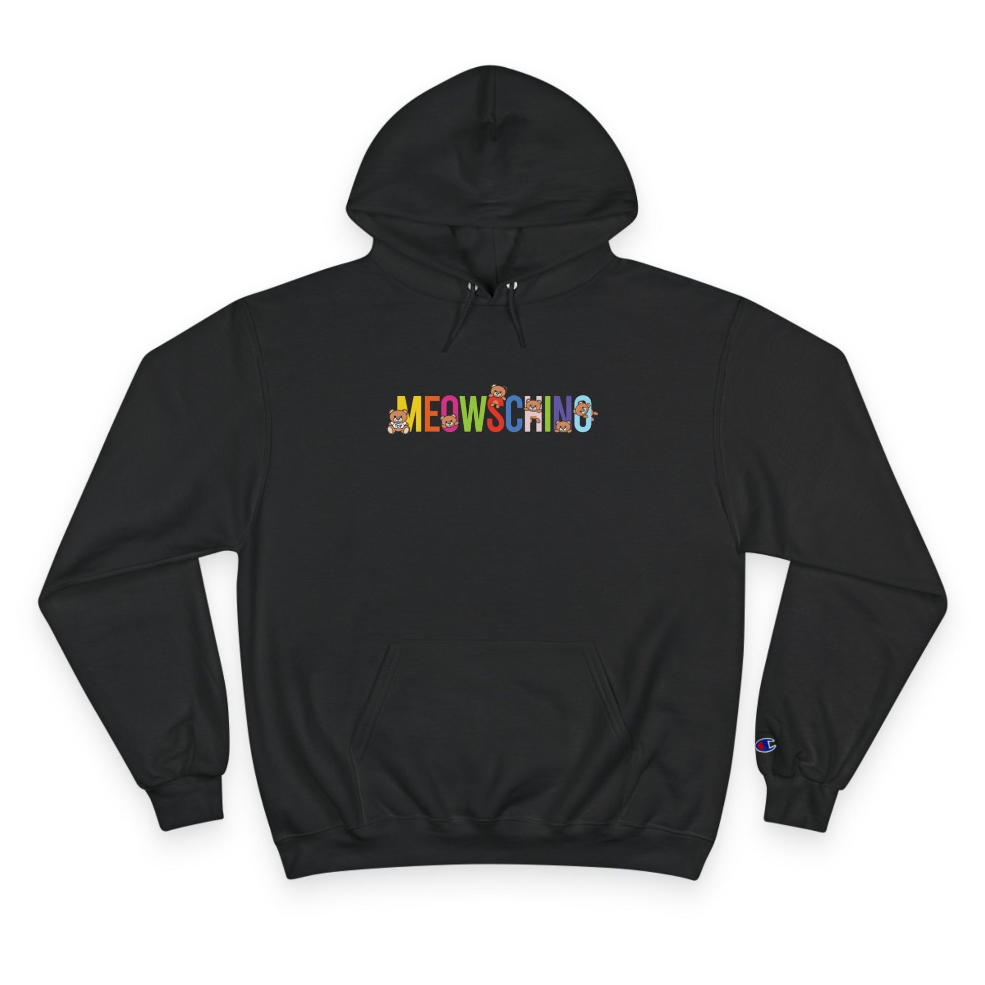 Meowschino x Champion Rainbow Logo Black Hoodie, cat hoodies for men