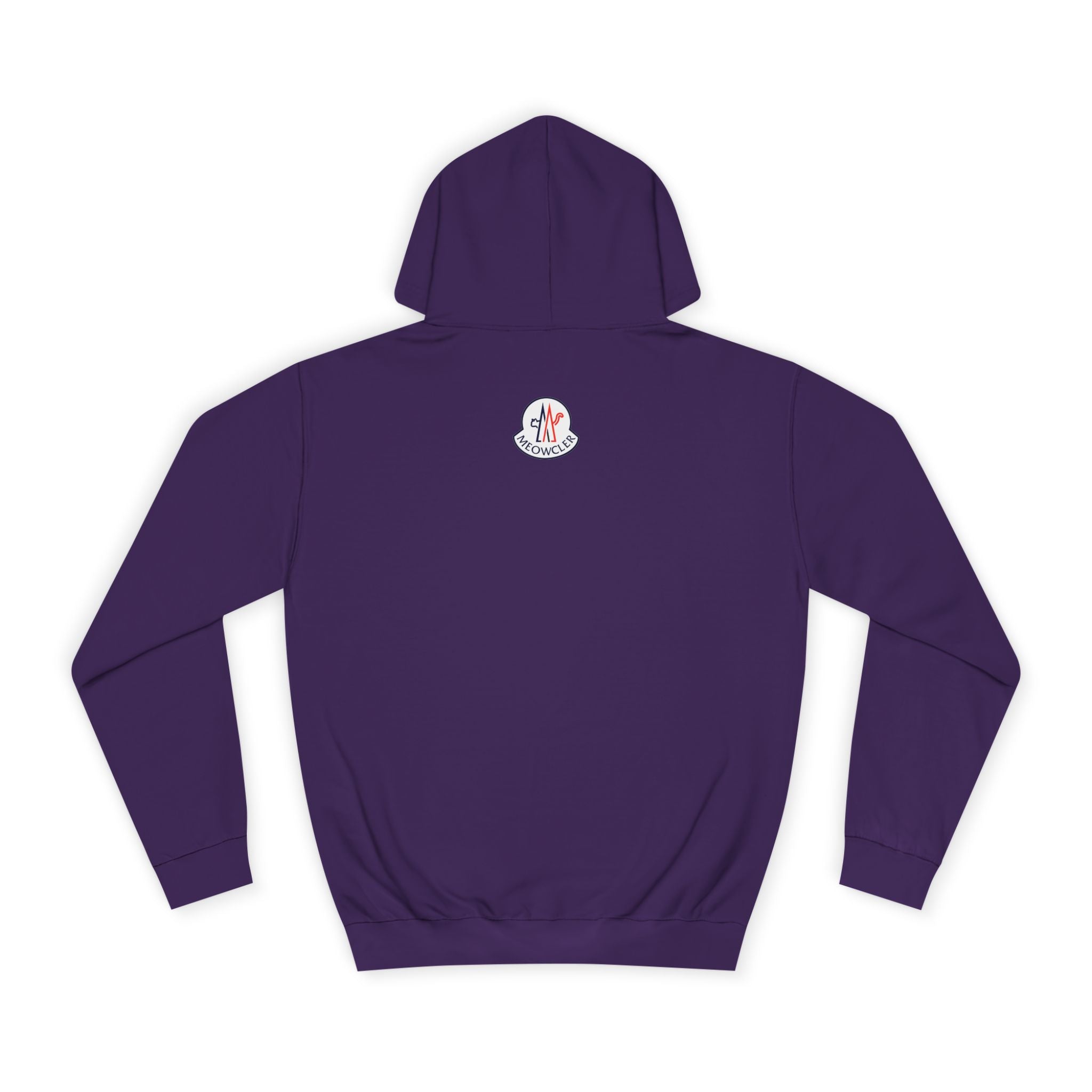 Back view of Meowcler purple hoodie with puffer cat design, hoodie for cat lovers