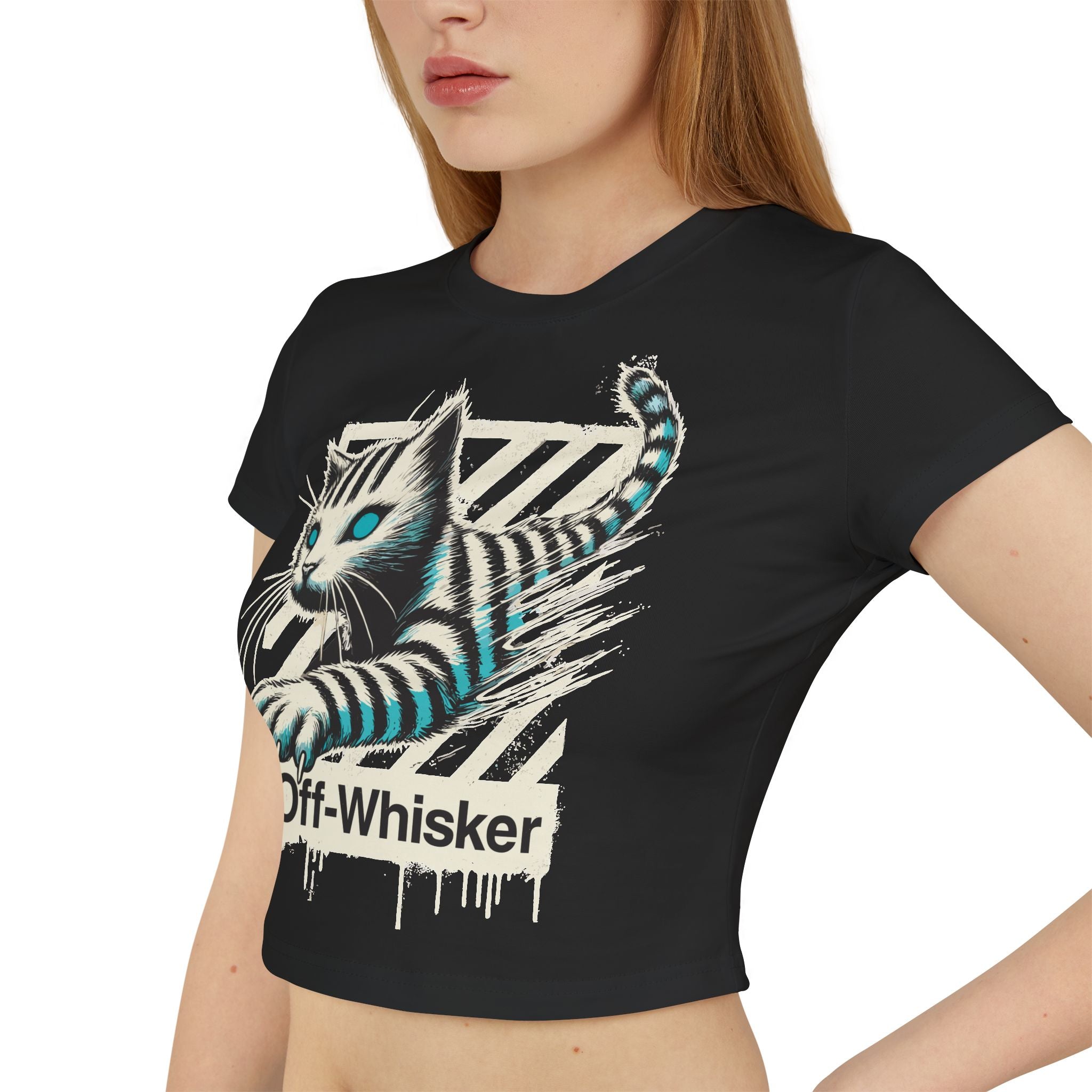 Black crop top cat graphic t-shirt women's, model front pose