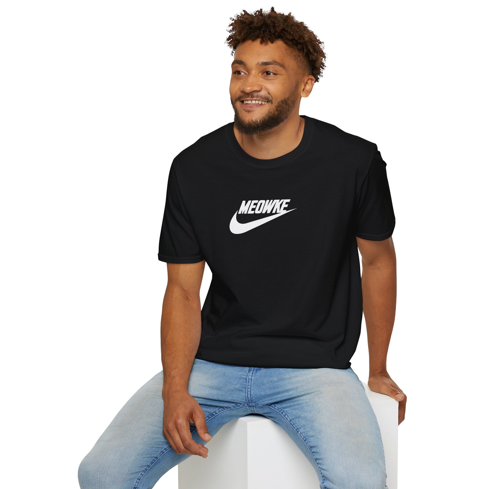 Cat t shirt for men and women – black unisex tee worn by male model, white Meowke chest swoosh logo