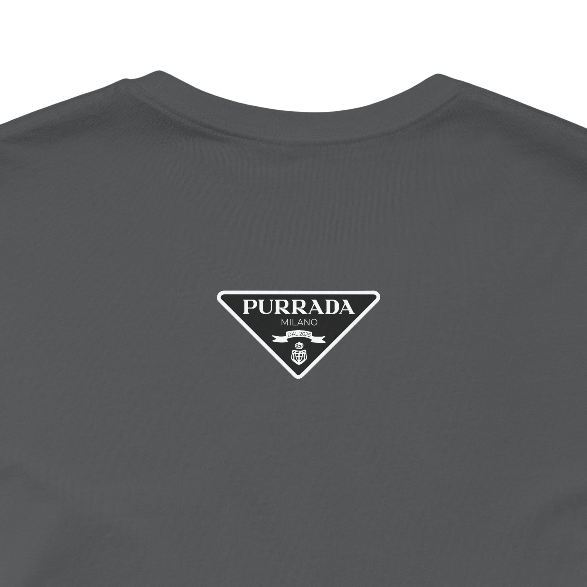 Back view of asphalt Purrada Exclusive Milano Cat Graphic T Shirt, cat lover shirt for men and women