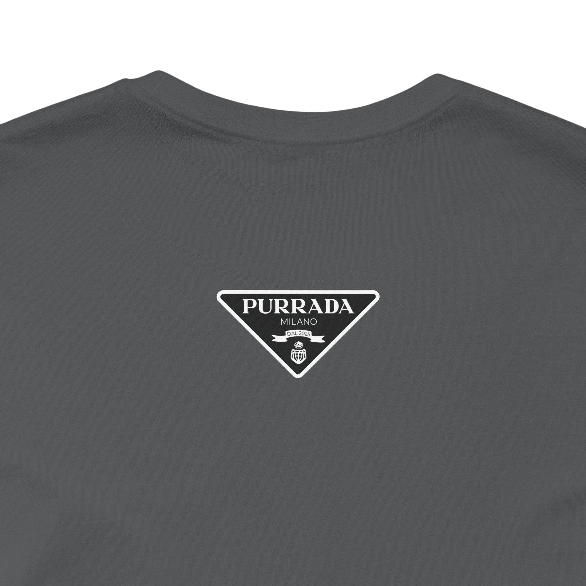 Back view of asphalt Purrada Exclusive Milano Cat Graphic T Shirt, cat lover shirt for men and women