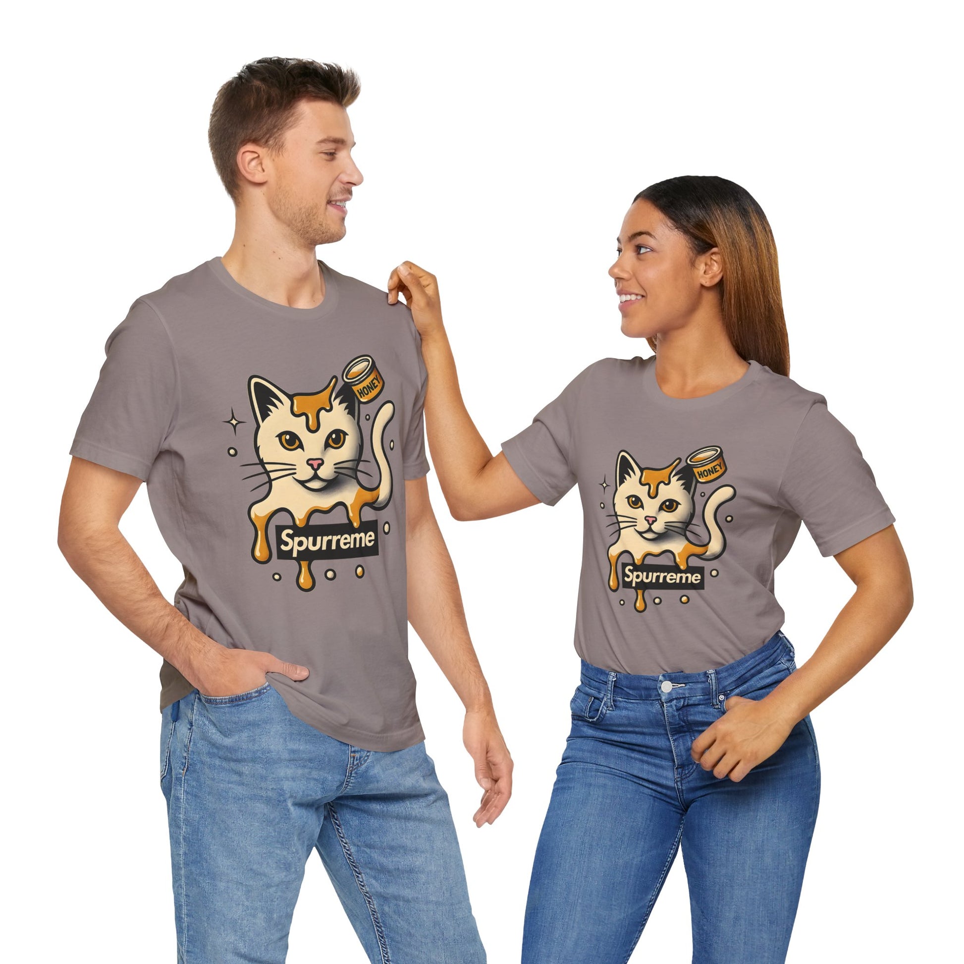 Couple wearing pebble brown men's cat shirt and ladies cat t shirt – cat themed apparel