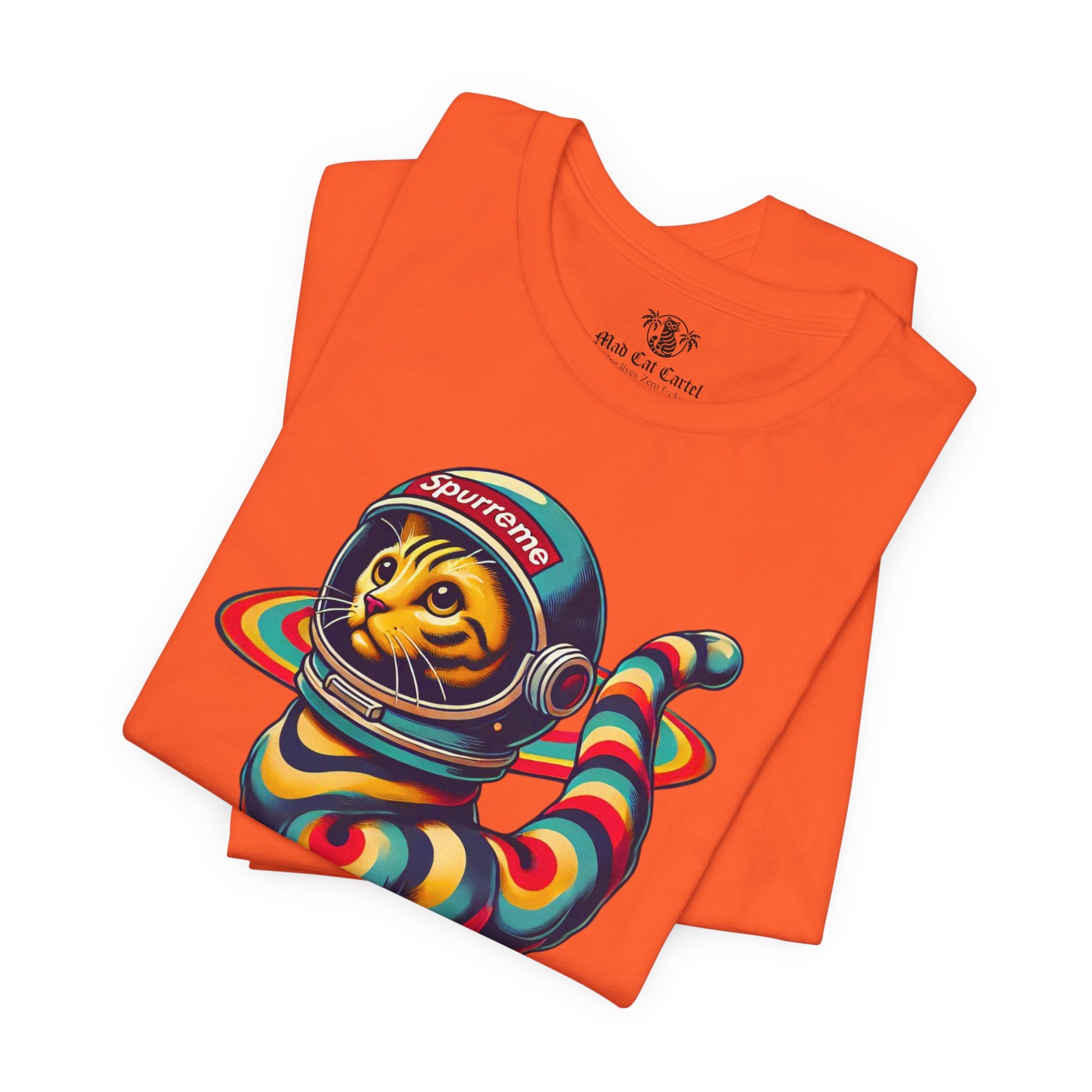 Orange t shirt folded flat lay, cat t shirts for women