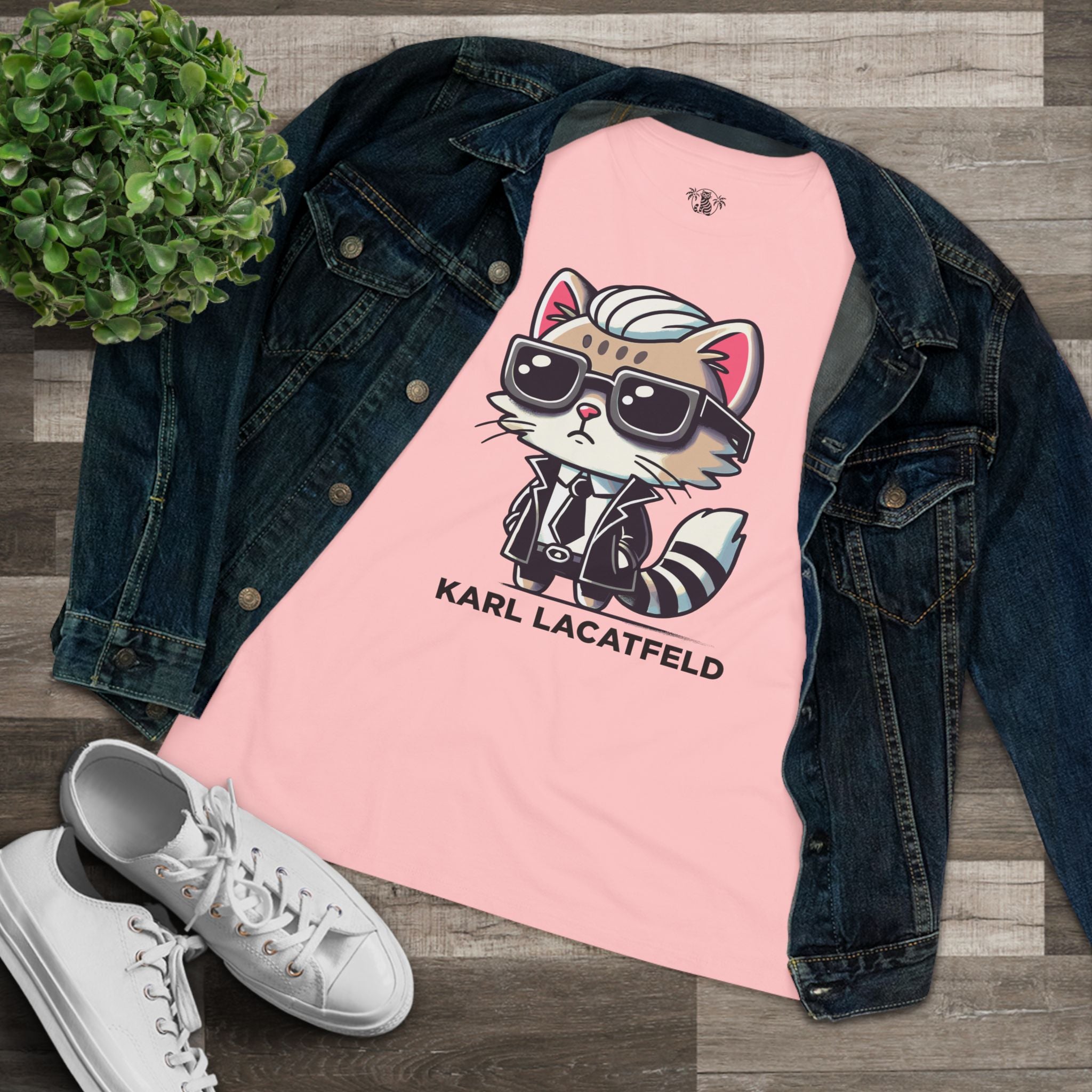 Flat lay Karl Lacatfeld Iconic Cat Women’s Pink T Shirt with denim jacket