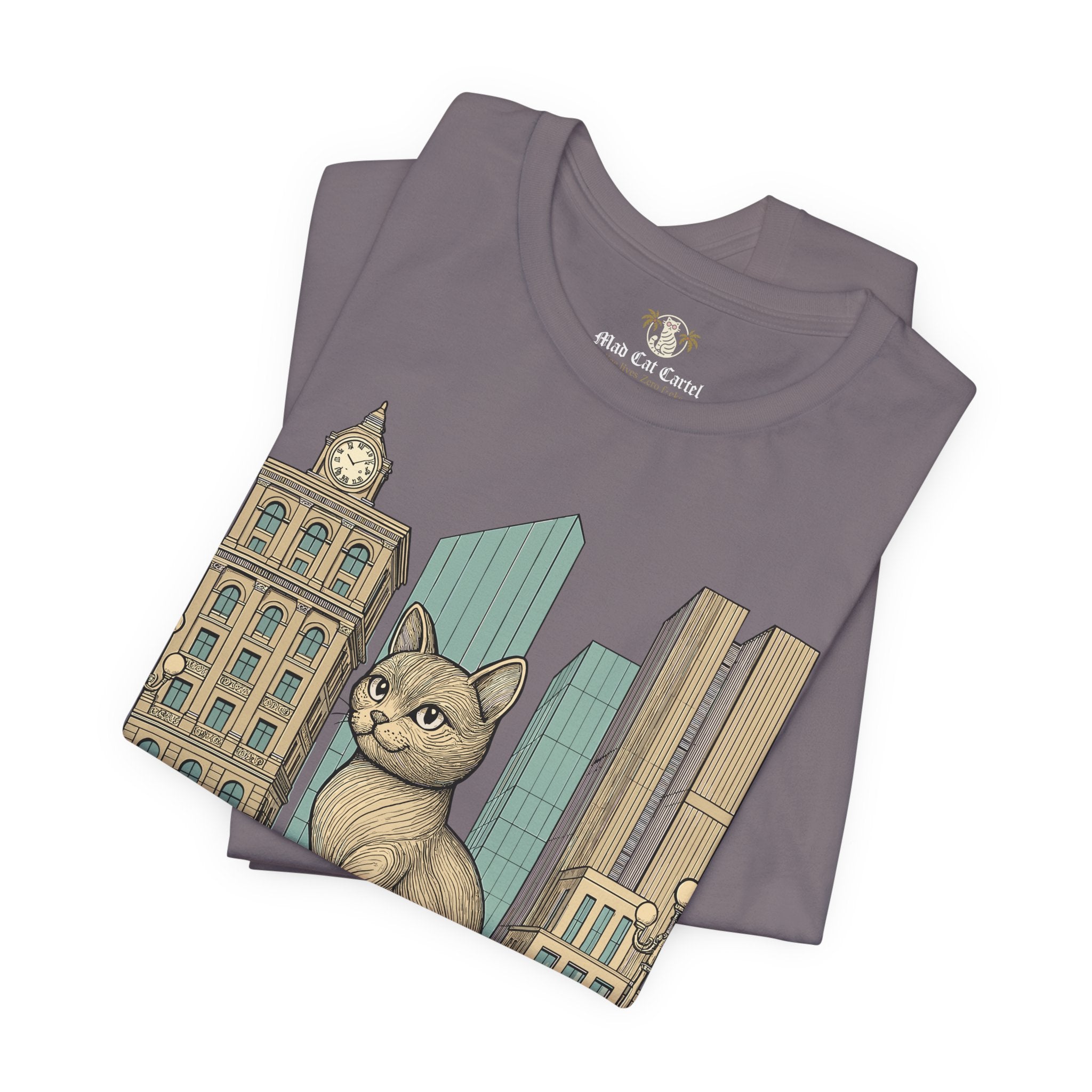Gifts for cat lovers – storm grey unisex tee folded, Meowschino city cat statue print