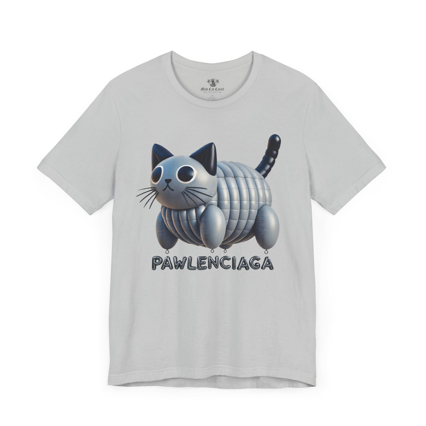 Gray Pawlenciaga cat balloon graphic t-shirt flat lay, funny cat shirts for women