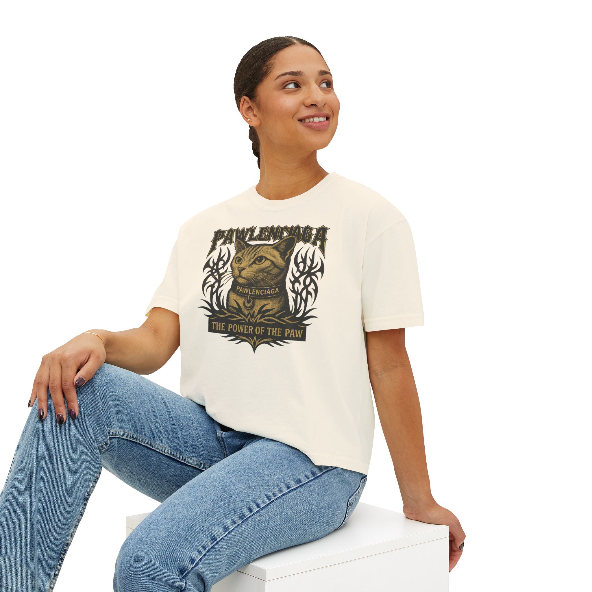 Pawlenciaga ivory boxy womens cat t shirt, model sitting in casual pose