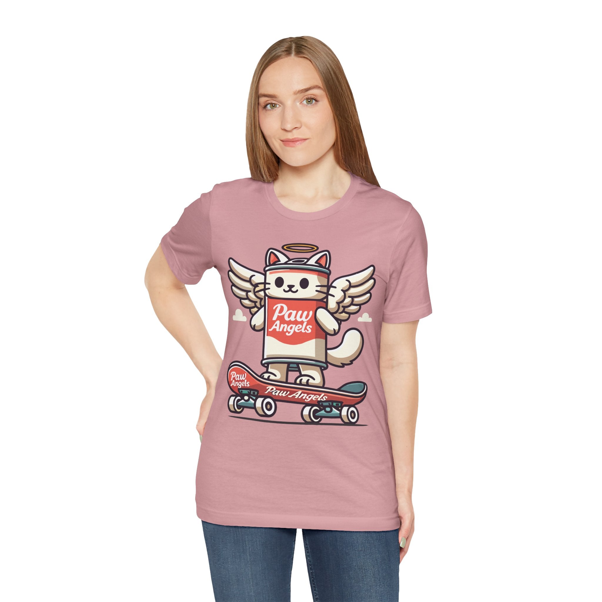 Woman wearing Orchid Paw Angels skate t shirt – cat shirt for women