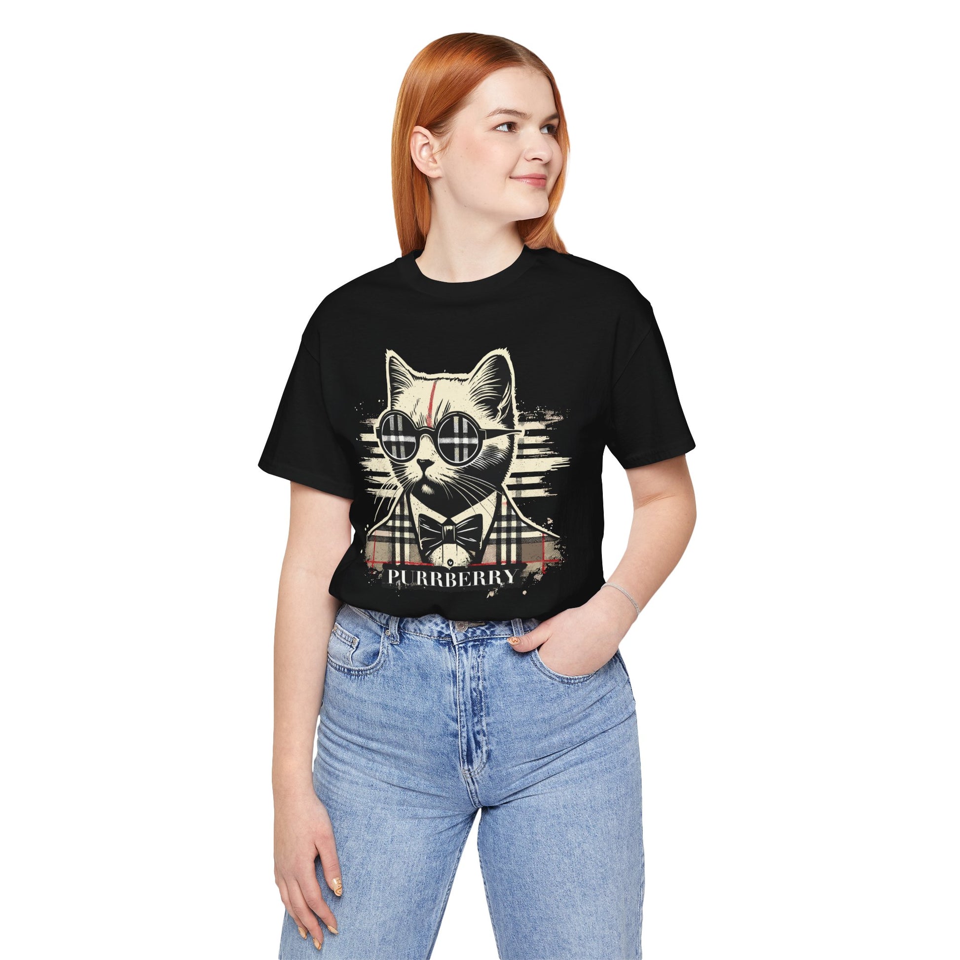 woman wearing purrberry the plaid cat front cat face graphic black t shirt for women