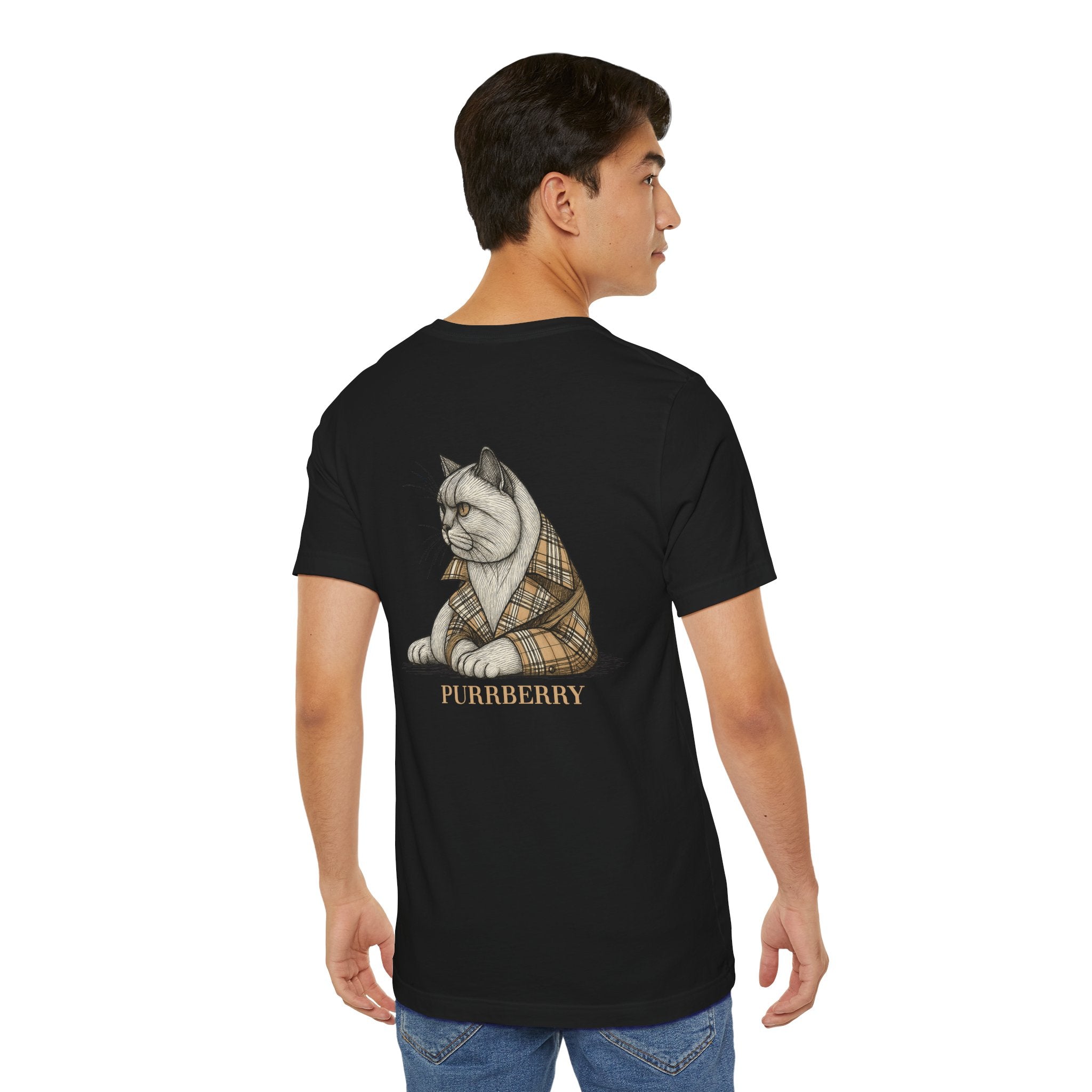male model side view wearing purrberry london coat club cat graphic t shirt black cat lover t shirts