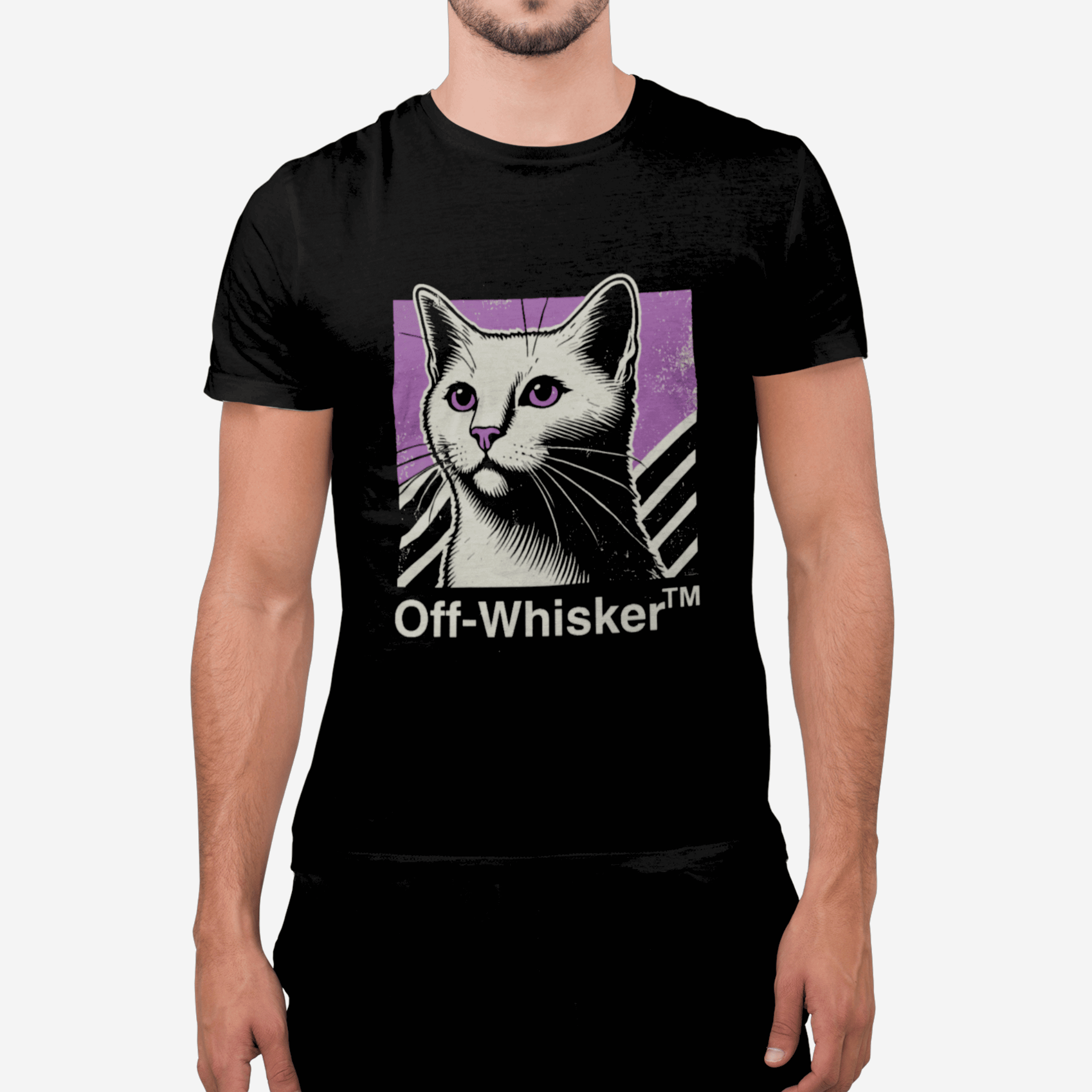 Man wearing black Off-Whisker Purple Vision cat t shirts for guys – stylish cool cat shirt for casual outfits