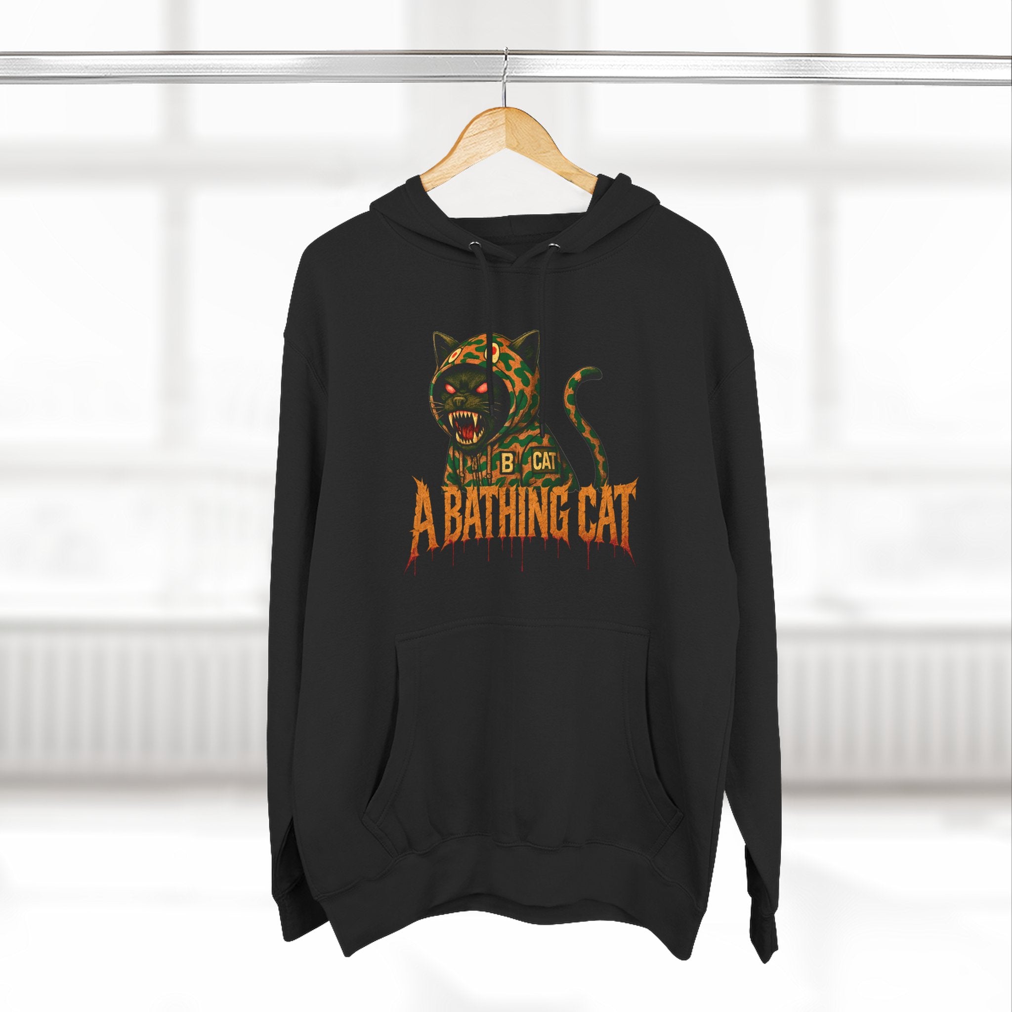 A Bathing Cat Design Jungle Predator Graphic Black Hoodie, on a hanger