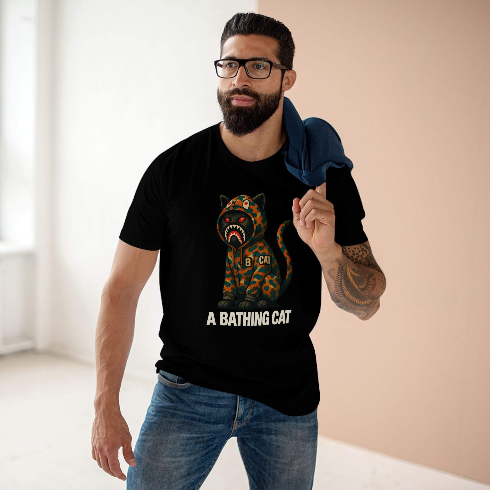 A Bathing Cat Jungle Predator Graphic T-Shirt in black, worn by a model
