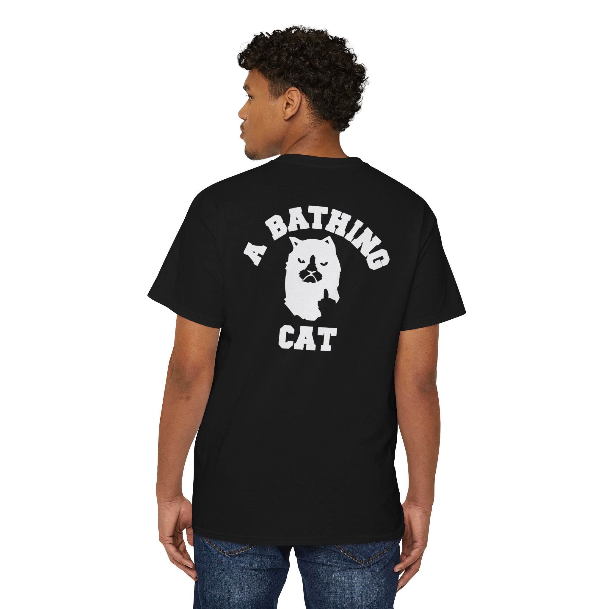 A Bathing Cat Mini Logo Pocket Graphic T-Shirt in black, back view on a male model