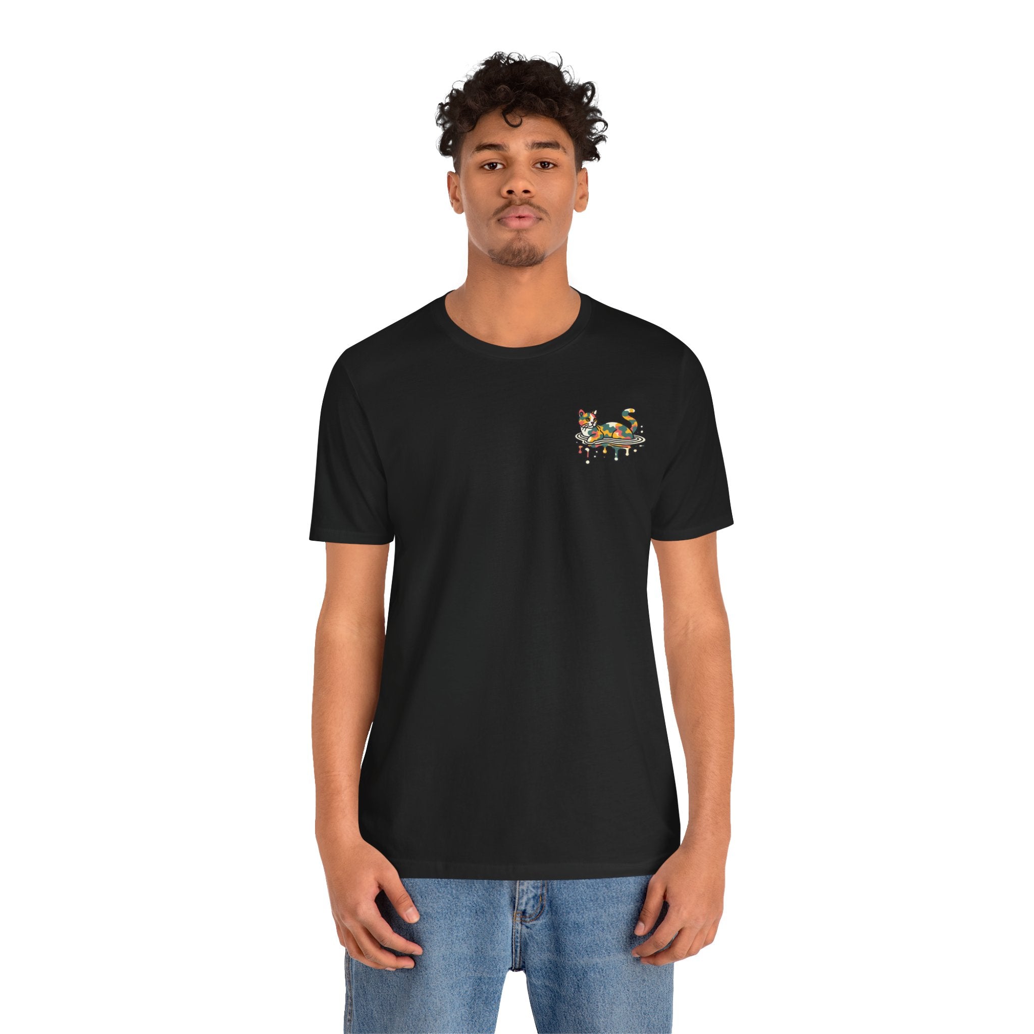 A Bathing Cat Ripple Camo T-Shirt in black, worn by a male model