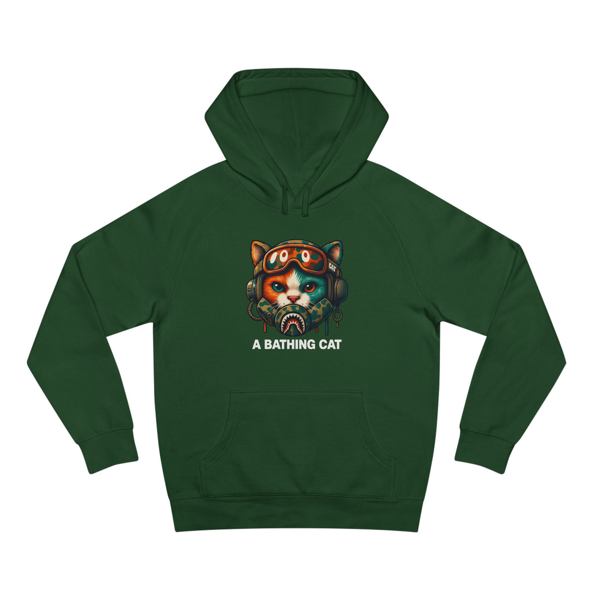 A Bathing Cat Tactical Pilot Graphic Hoodie in forest green, front view