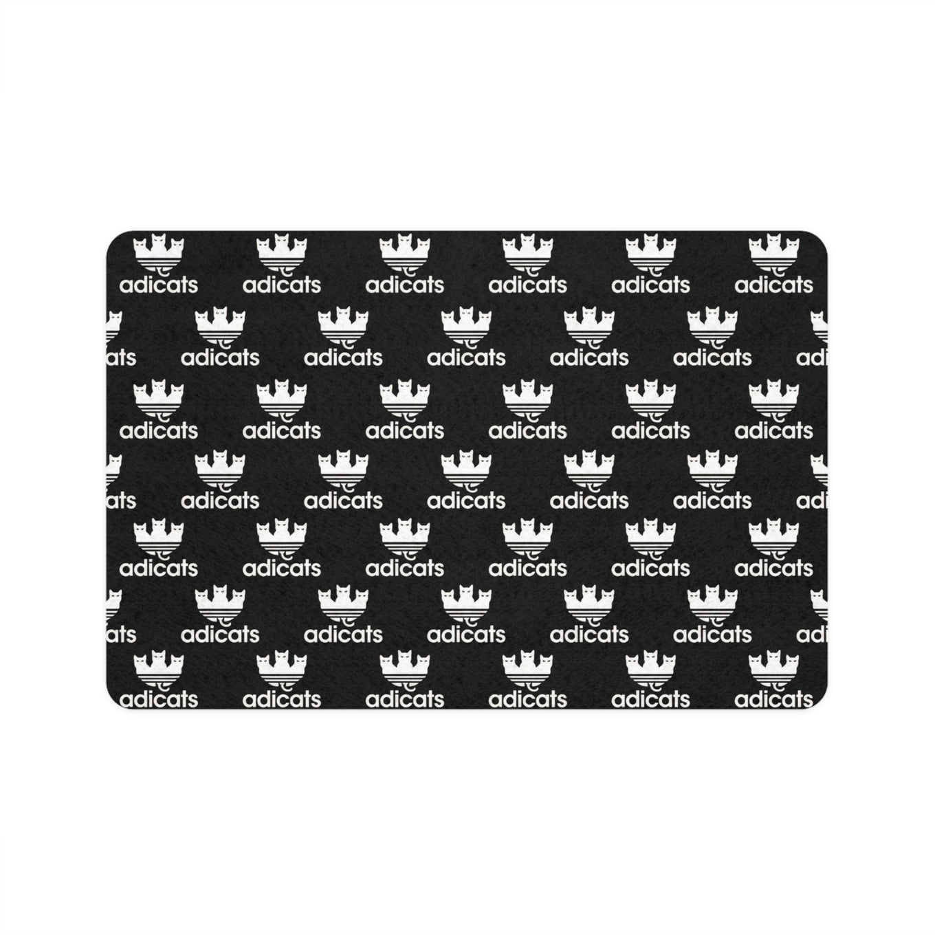 Adicats repeat logo pet feeding mat in black with all over white logo pattern by Mad Cat Cartel