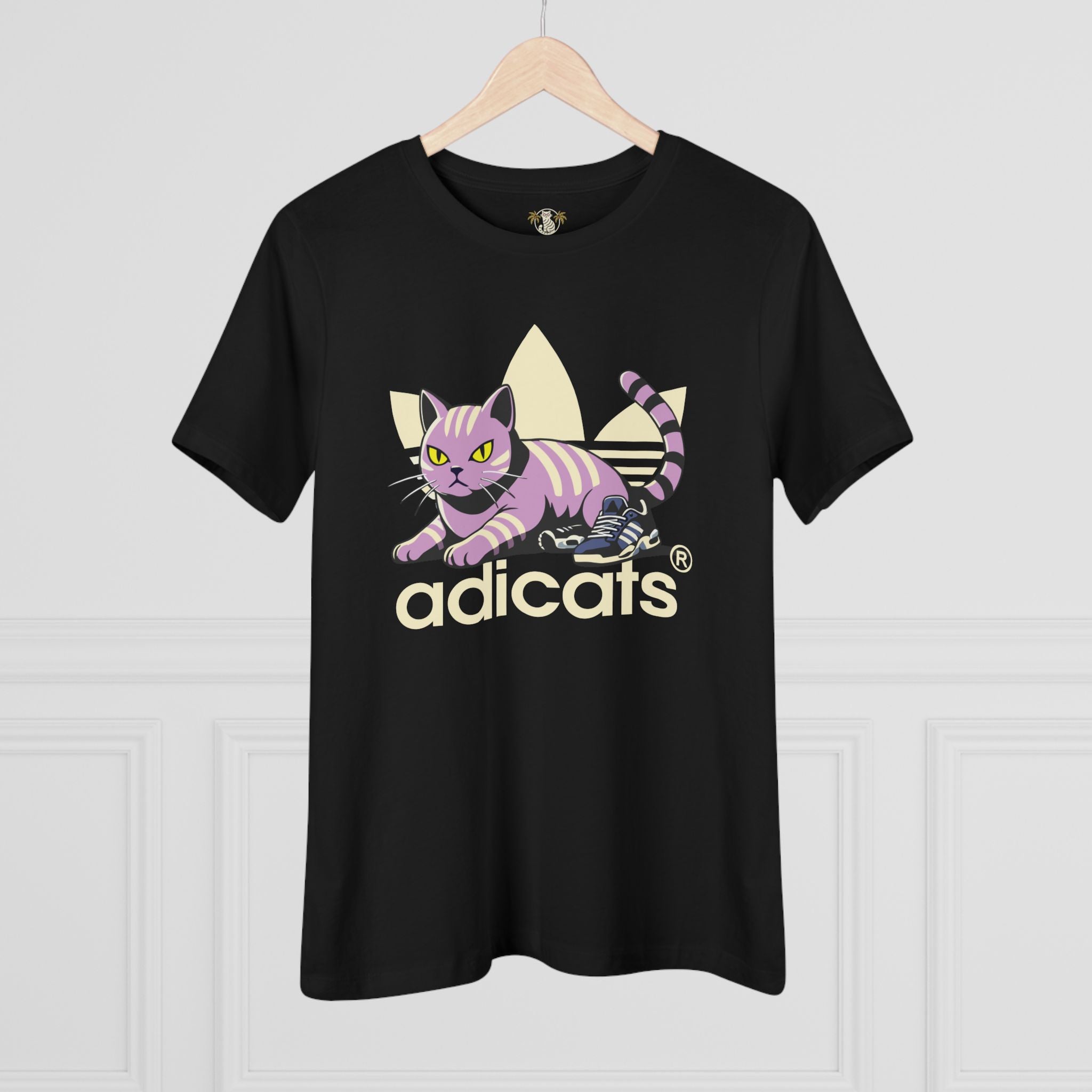 Adicats Street Prowler Women's Graphic T-Shirt in black, on a hanger