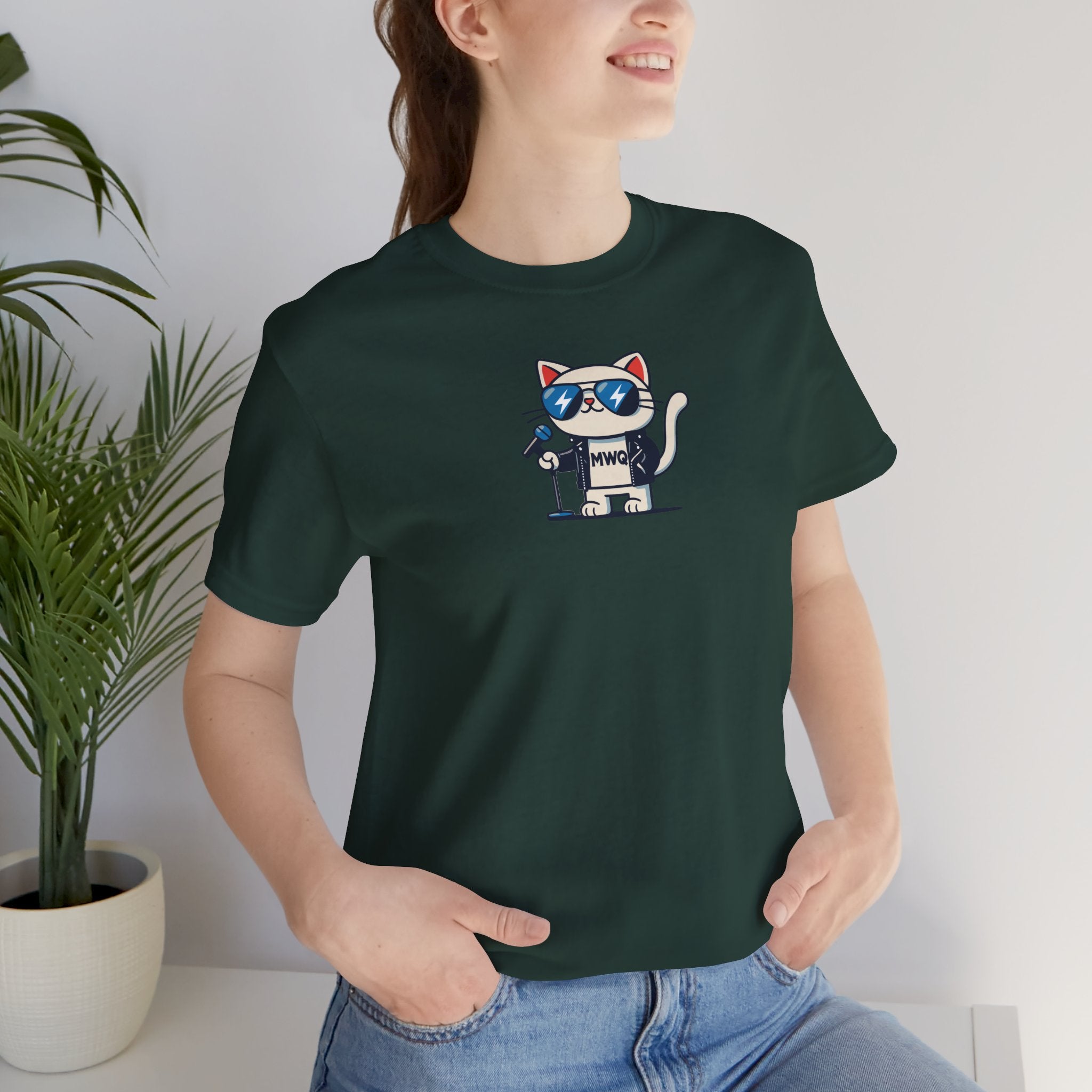 Alexander MewQueen Rockstar Cat Graphic Designer Parody Tee in forest, worn by a female model