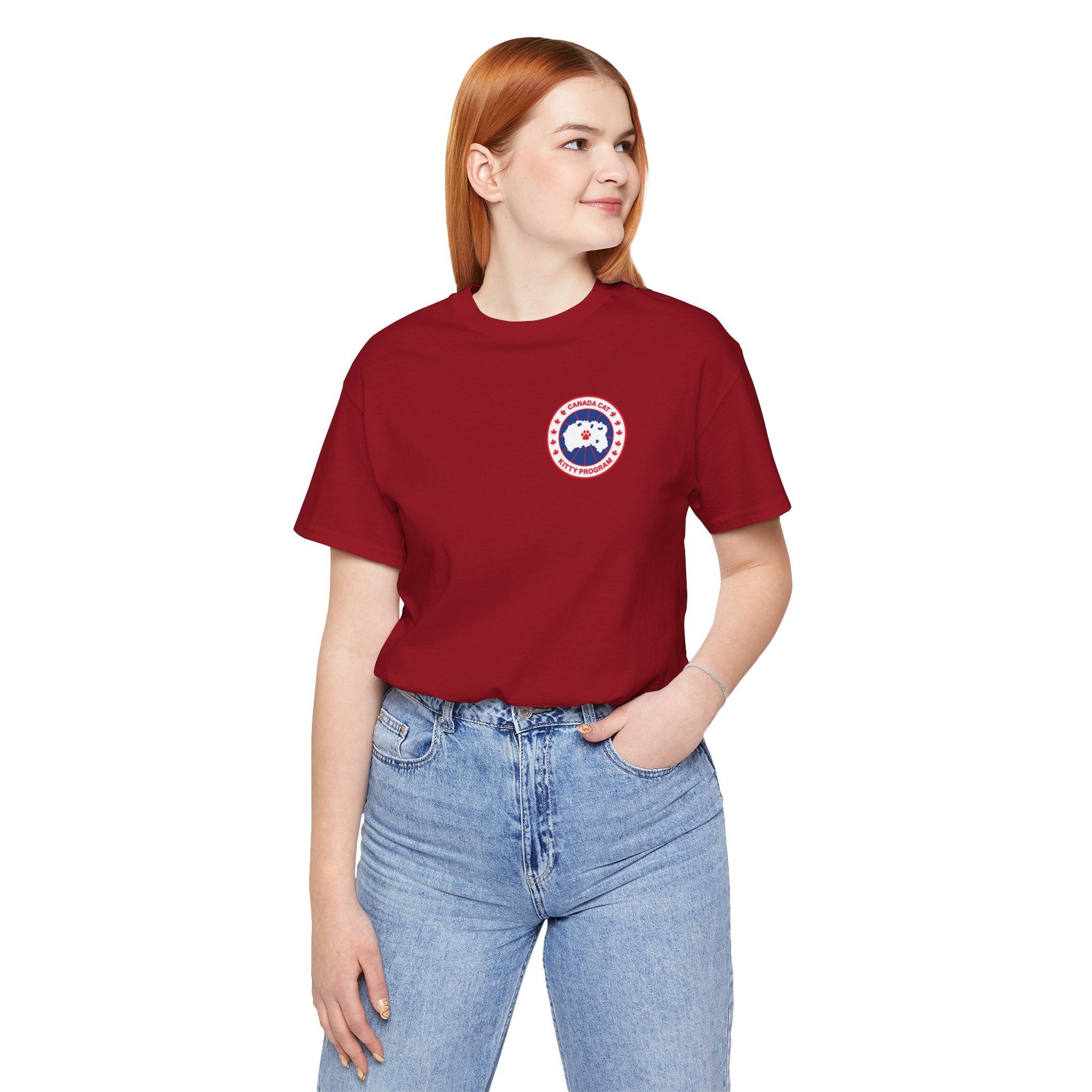 Canada Cat Polar Explorer Graphic T-Shirt in canvas red, worn by a female model