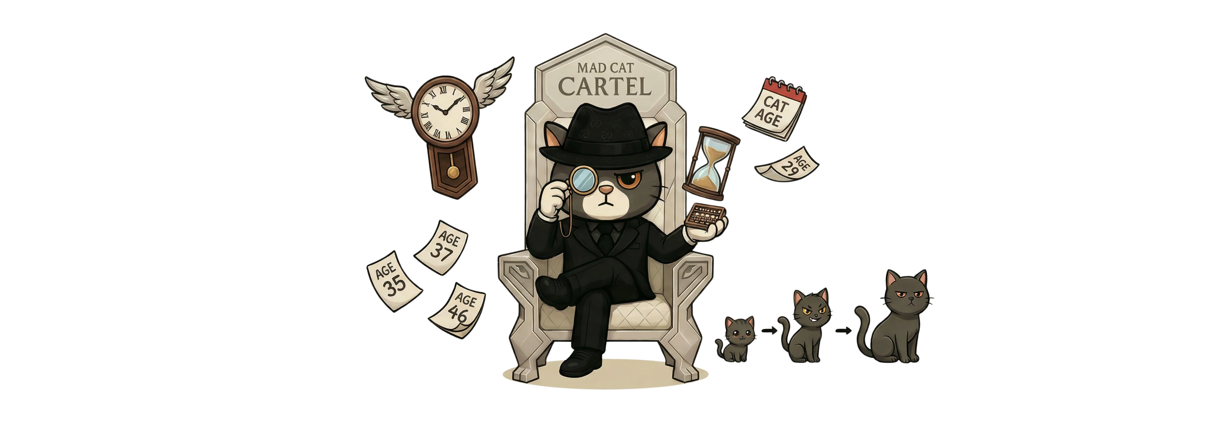 Mad Cat Cartel cat age calculator illustration showing a cat on a throne with clocks, age cards, and kitten-to-adult growth stages for how old is my cat in human years