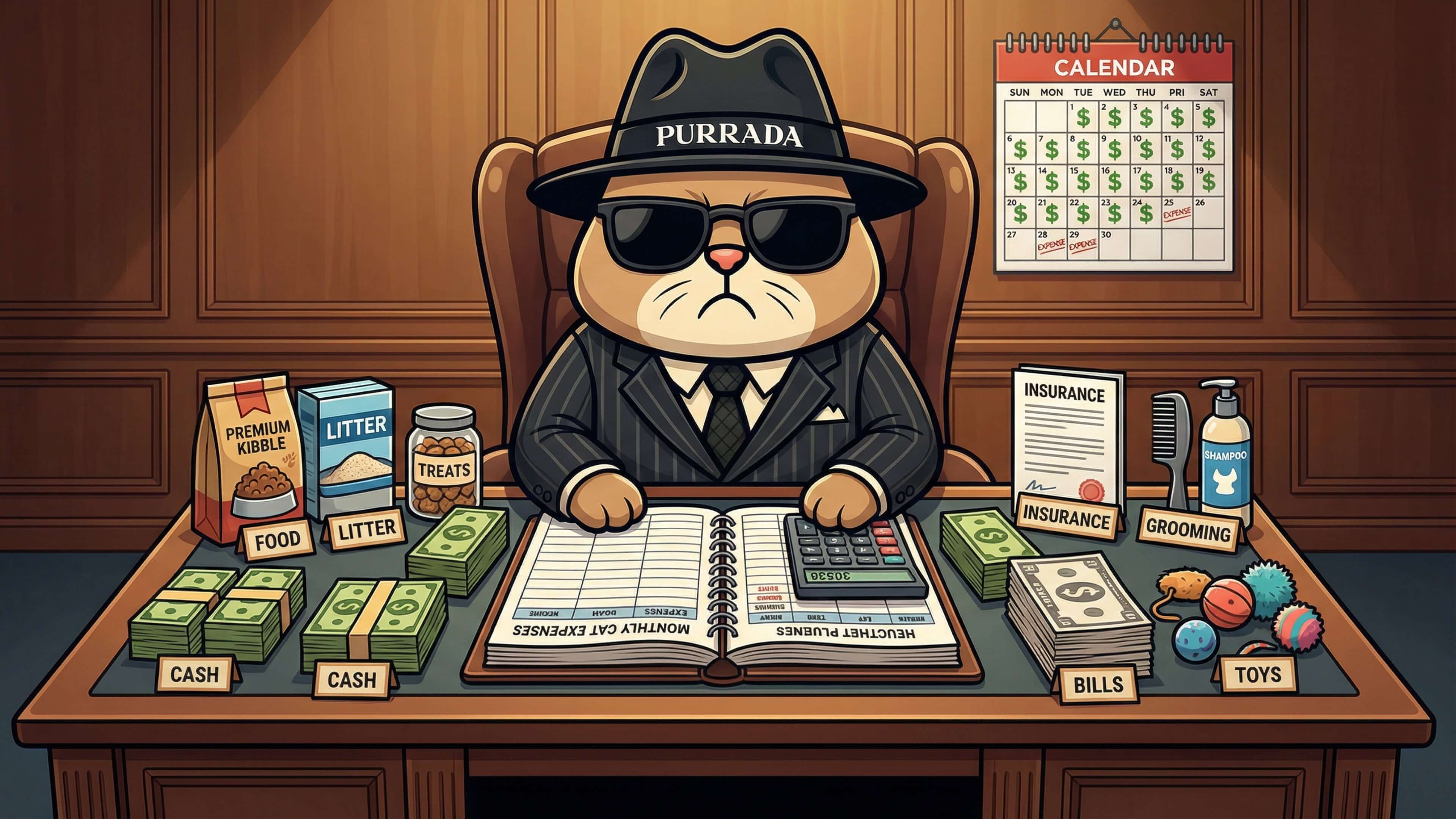 Mad Cat Cartel cat planning monthly cat expenses including food litter treats insurance grooming bills and toys