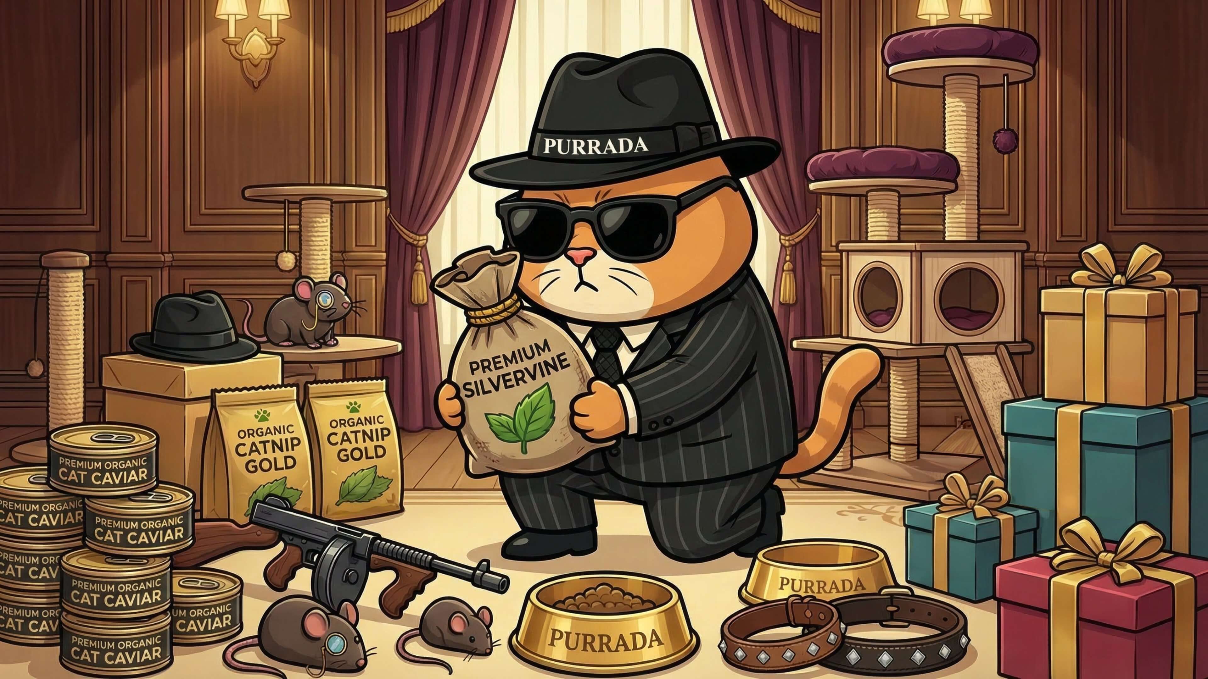 Mad Cat Cartel cat holding premium cat supplies to illustrate luxury extras and product costs in a cat cost calculator