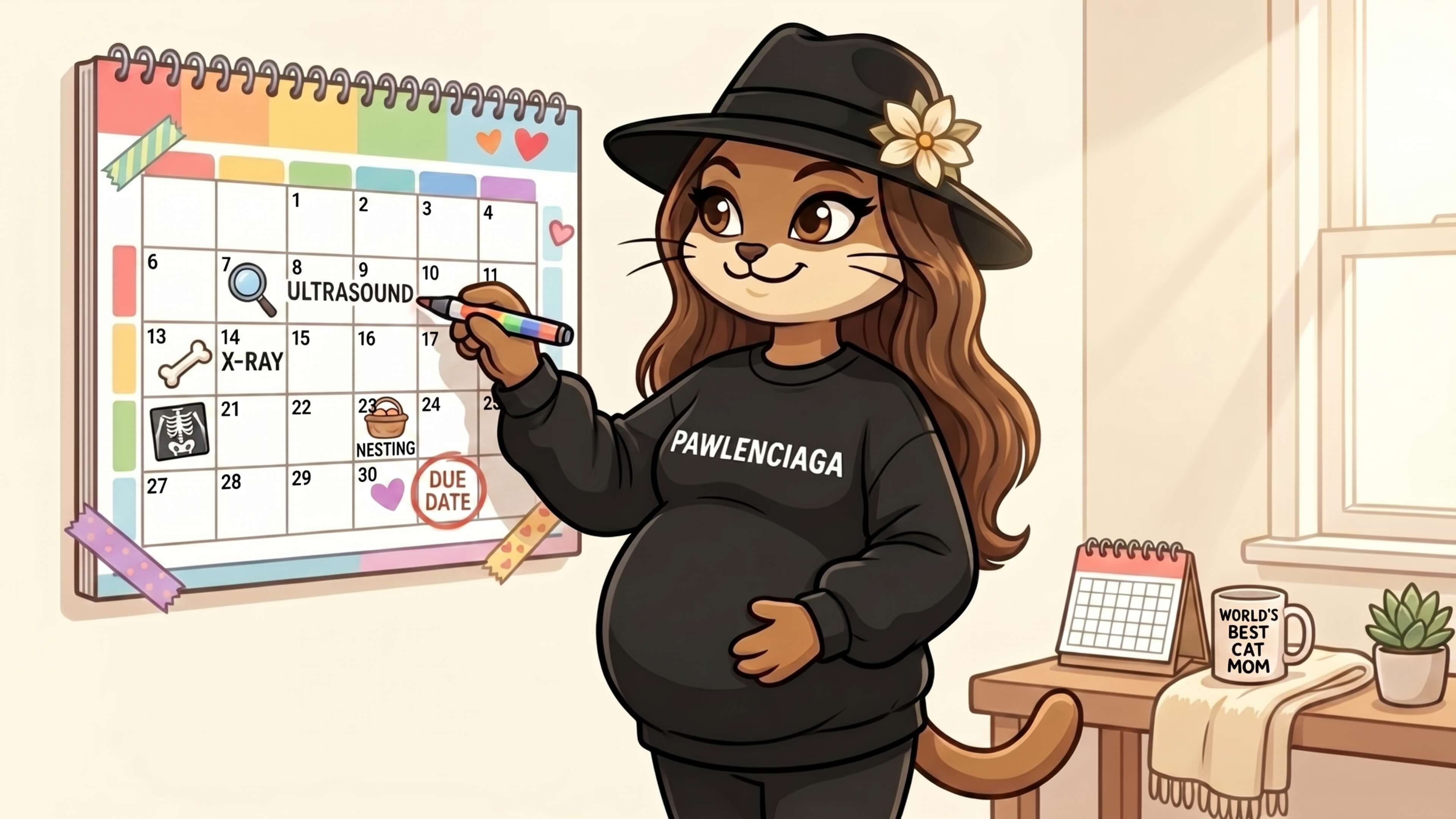 Cartoon cat character wearing a 'PAWLENCIAGA' sweatshirt, holding a pregnancy test, with a calendar in the background, Mad Cat Cartel illustration for cat pregnancy calculator