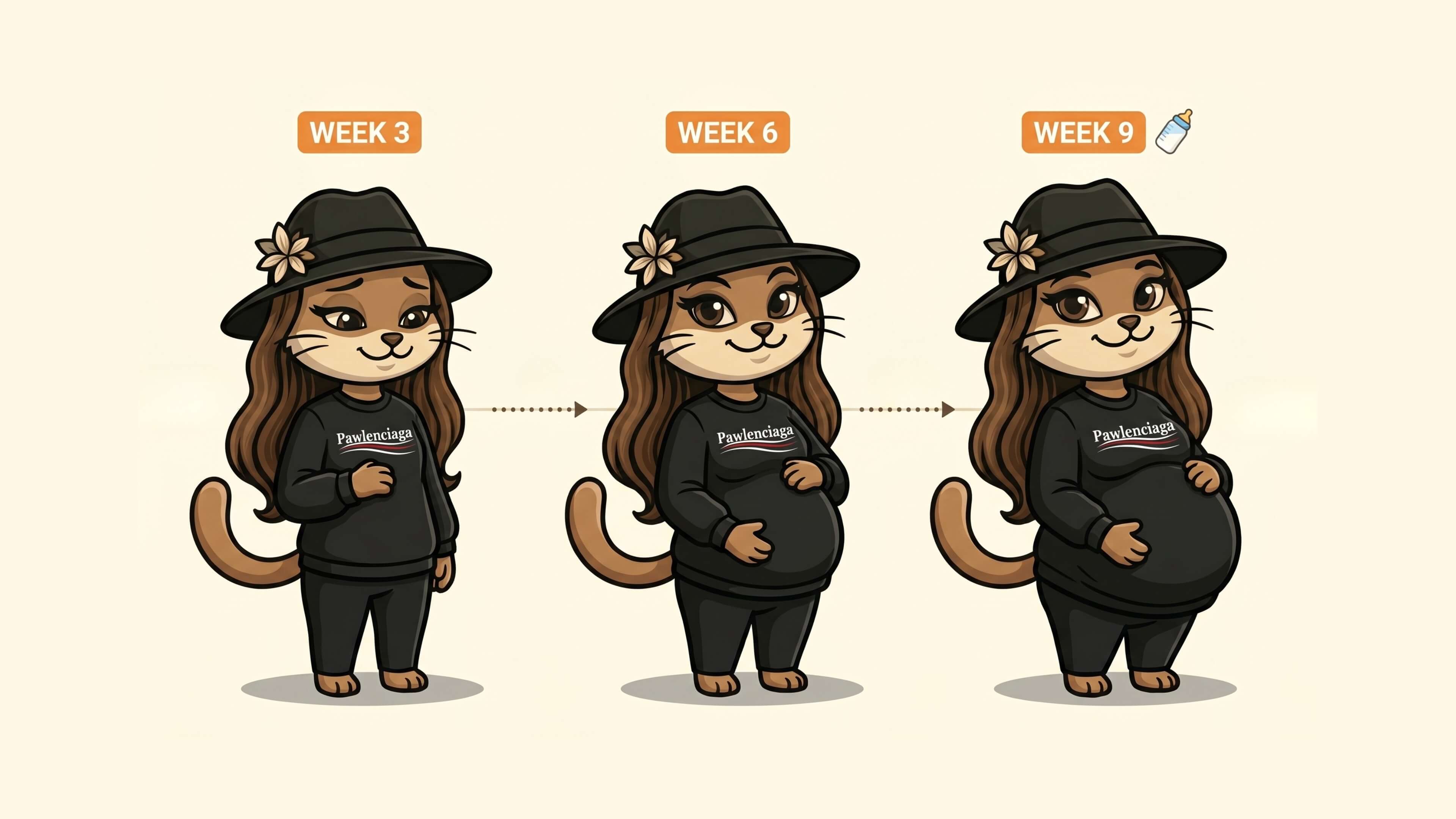 Cat pregnancy milestones timeline illustration — pregnant cat marking due date, ultrasound, X-ray and nesting on calendar — Mad Cat Cartel