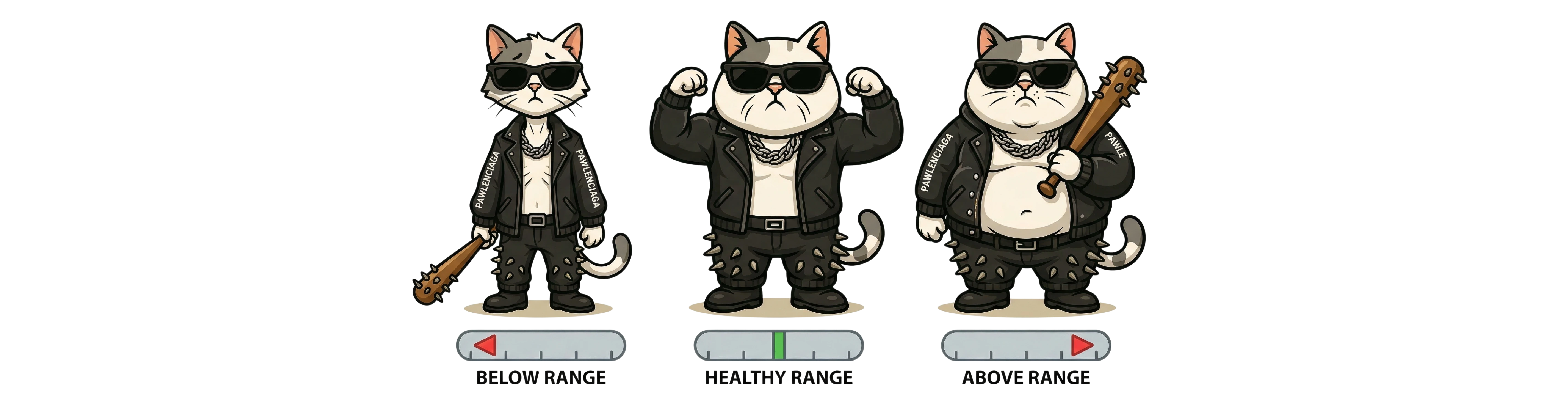cat weight range comparison showing below range healthy range and above range for mad cat cartel cat weight calculator